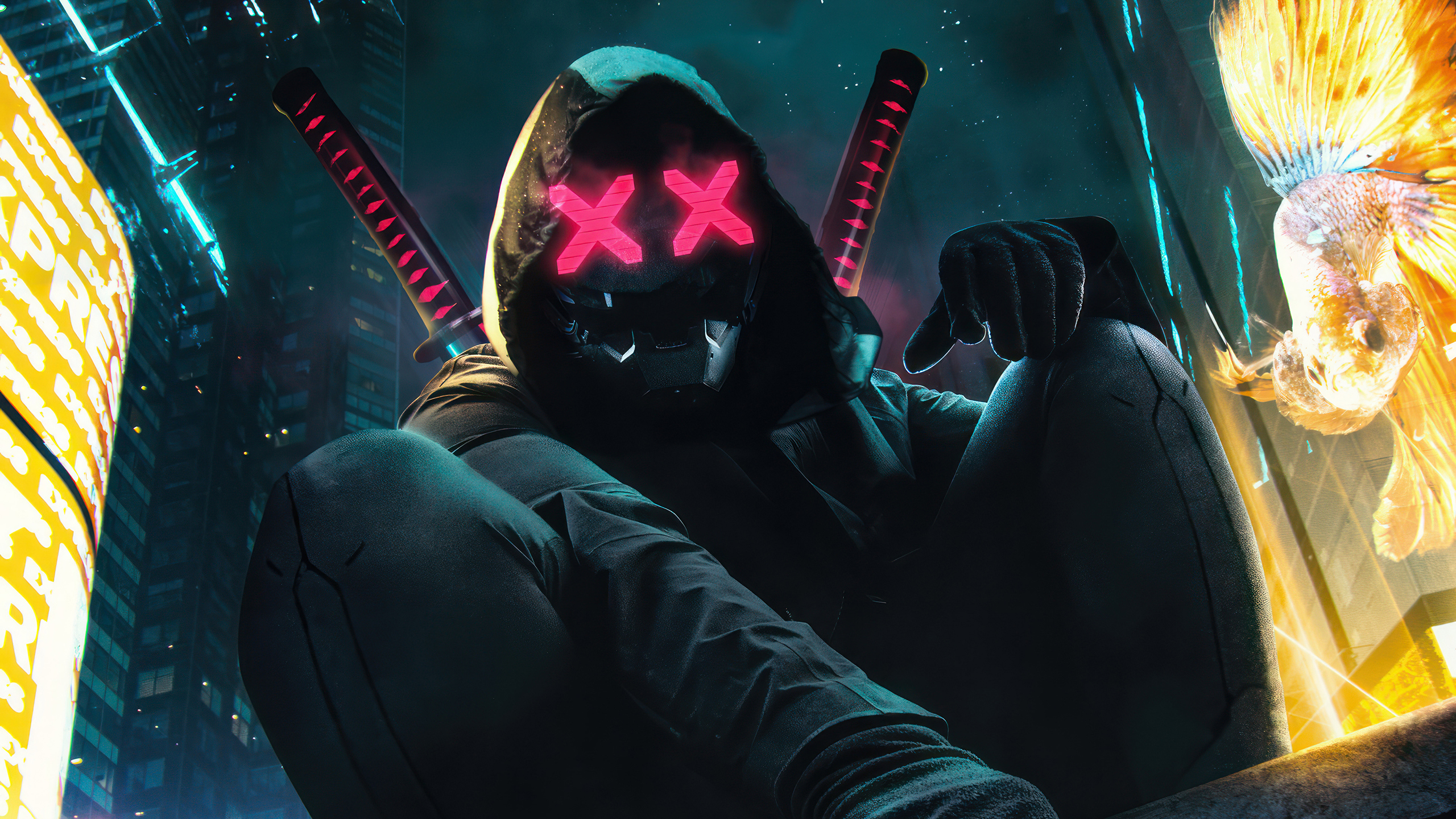 Ninja Cyberpunk Katana Mask 2K Wallpaper x 1440 pxK