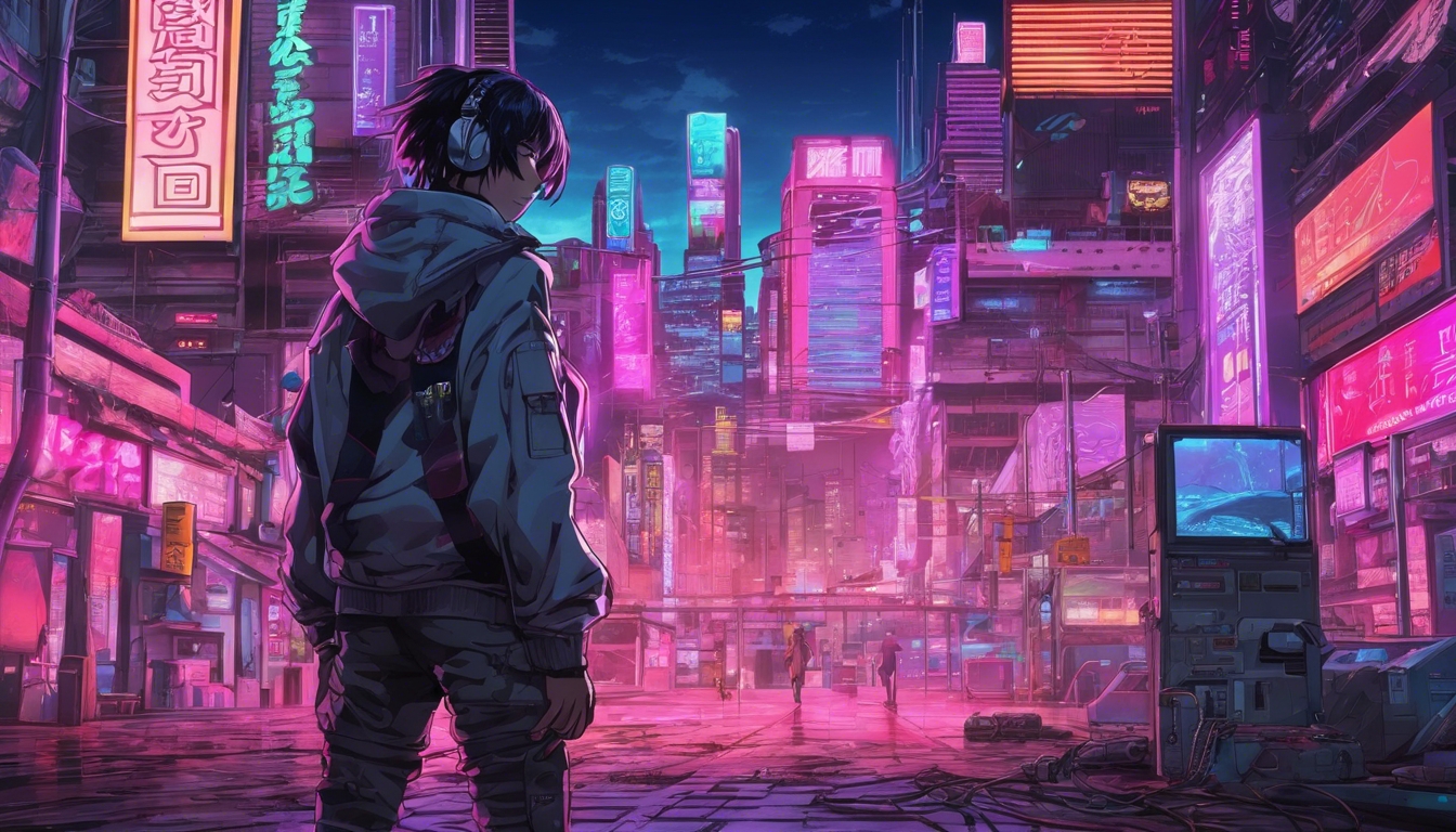 Cyberpunk anime character in a vaporwave cityscape under the neon moonlight.” Wallpaper [44577062f6ff4476a263]