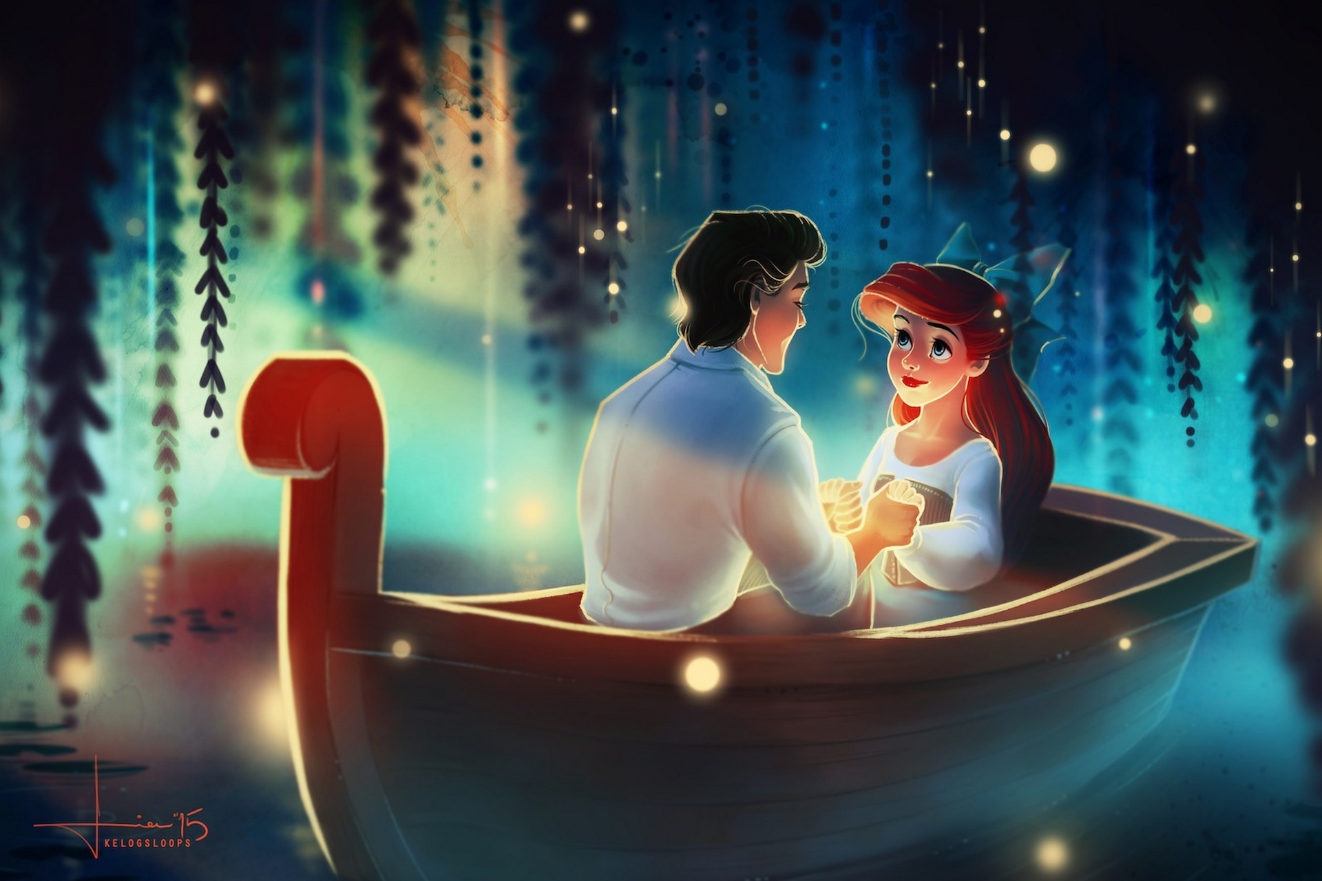 Wallpaper girl, fireflies, boat, art, guy, ariel, the little mermaid, eric for mobile and desktop, section фильмы, resolution 1920x1280