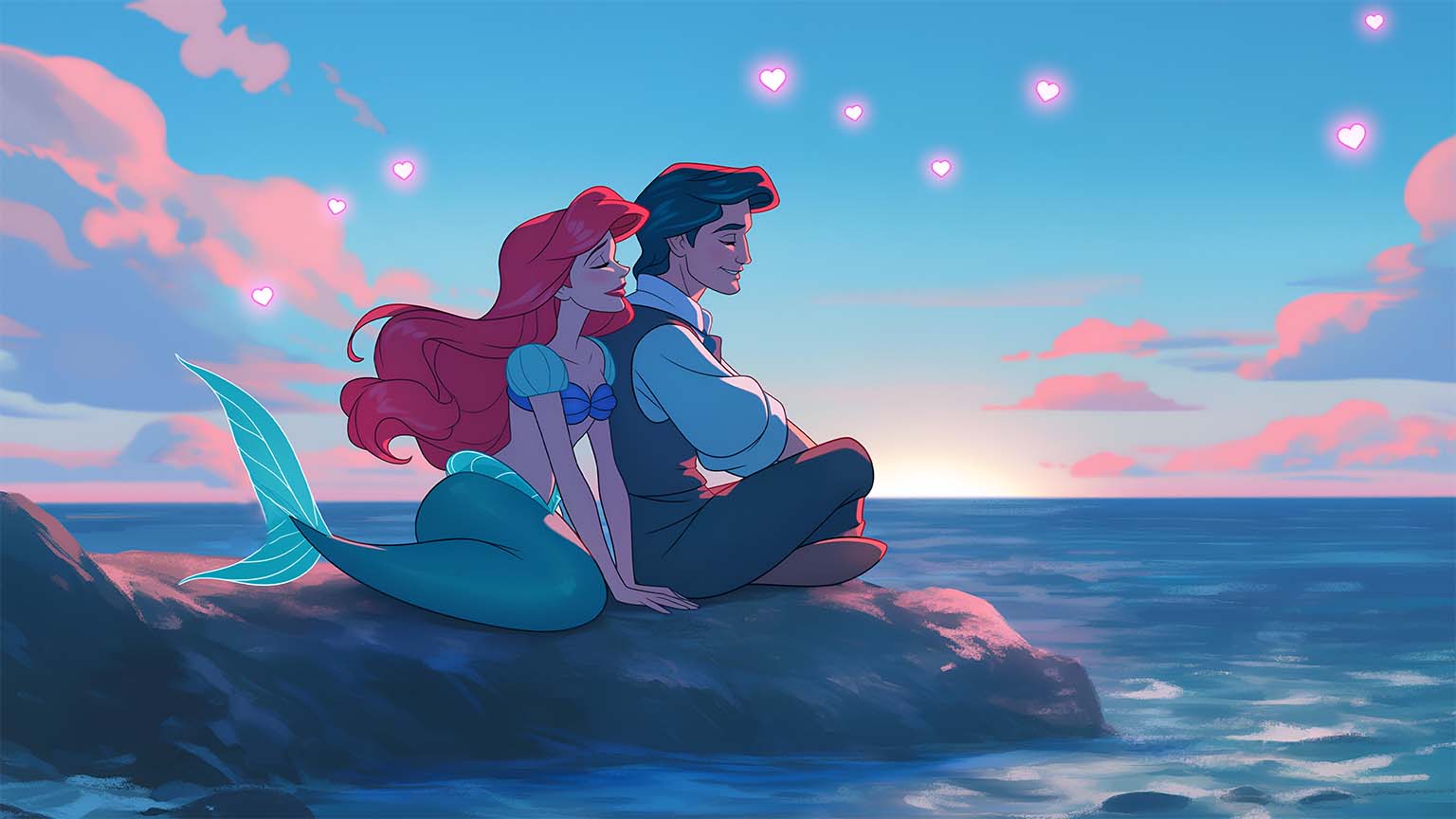 Ariel and Prince Eric Ocean Sunset Valentines Desktop Wallpaper