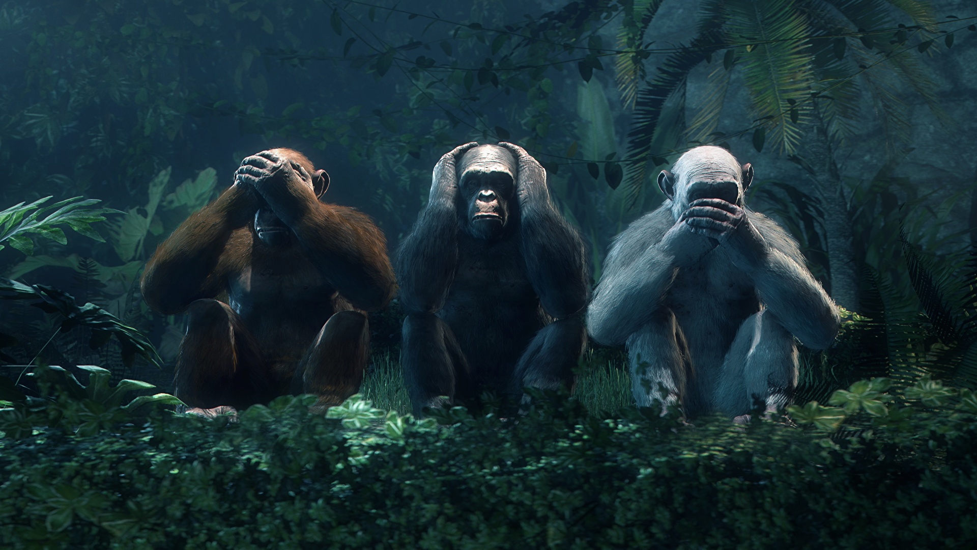 Desktop Wallpaper monkey Three 3 Animals Painting Art 1920x1080