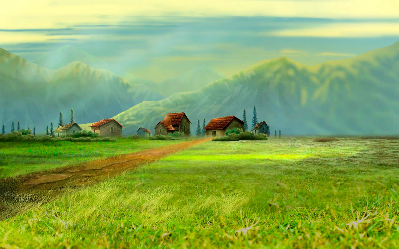 Download Digitally Painted Landscape Small Hill Village Wallpaper