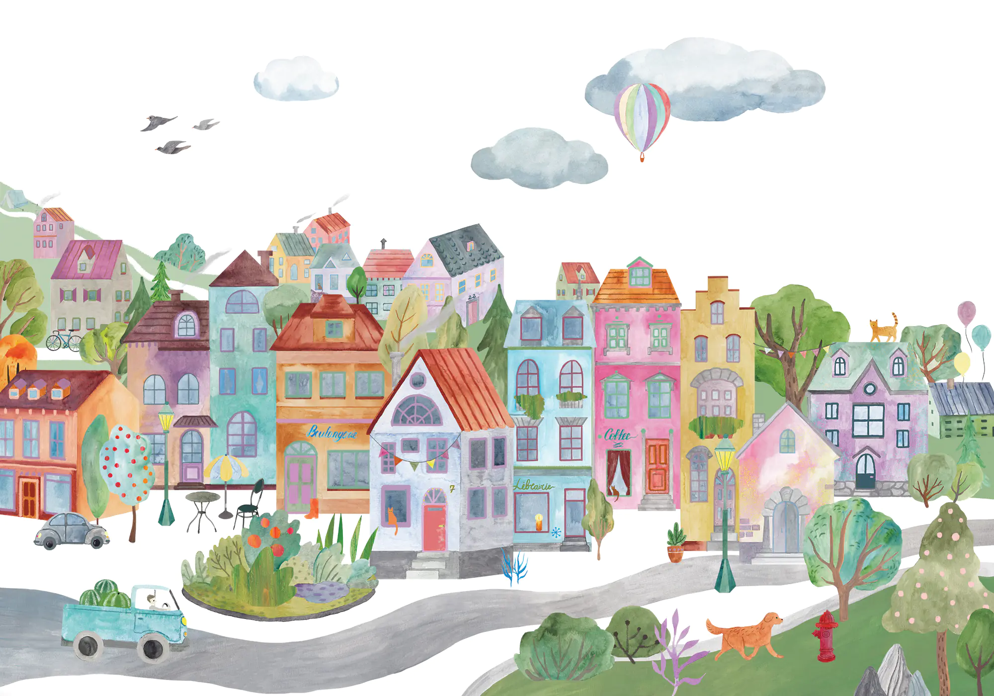 Kids' wallpaper mural with a colorful village