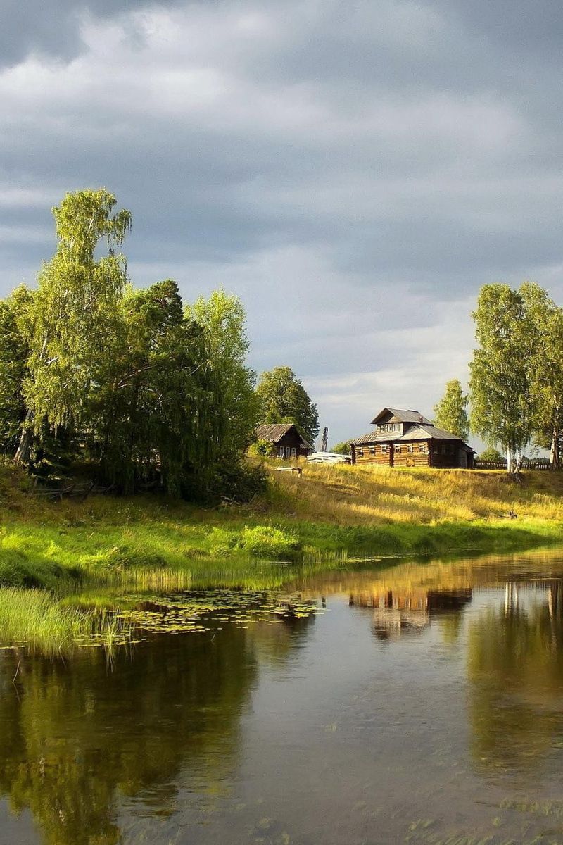 Download Wallpaper 800x1200 River, Village, Sky, Cloudy, Summer, Green, Water Lilies, Trees, Stream, Coast, Small Iphone 4s 4 For Parallax HD Background