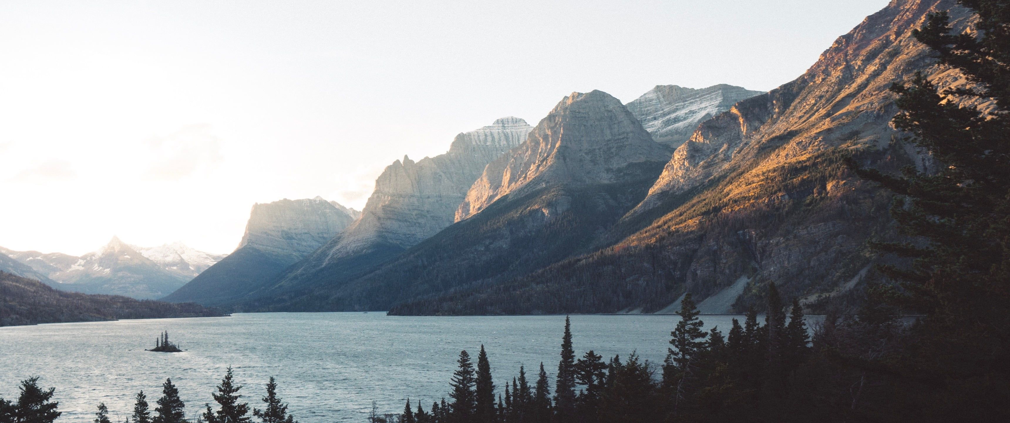 HD wallpaper: black mountain, ultrawide, snow, mountains, landscape, mist, lake