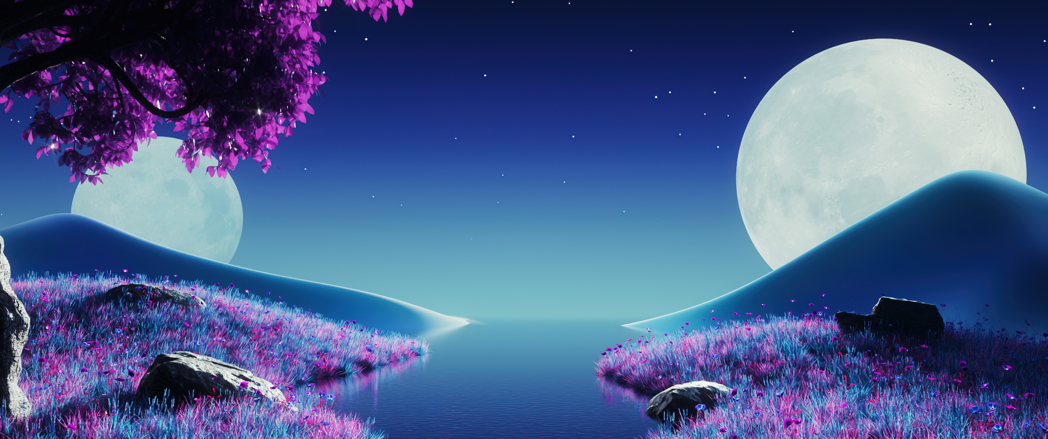 Purple aesthetic Wallpaper 4K, Landscape, Moonlight, Nightscape