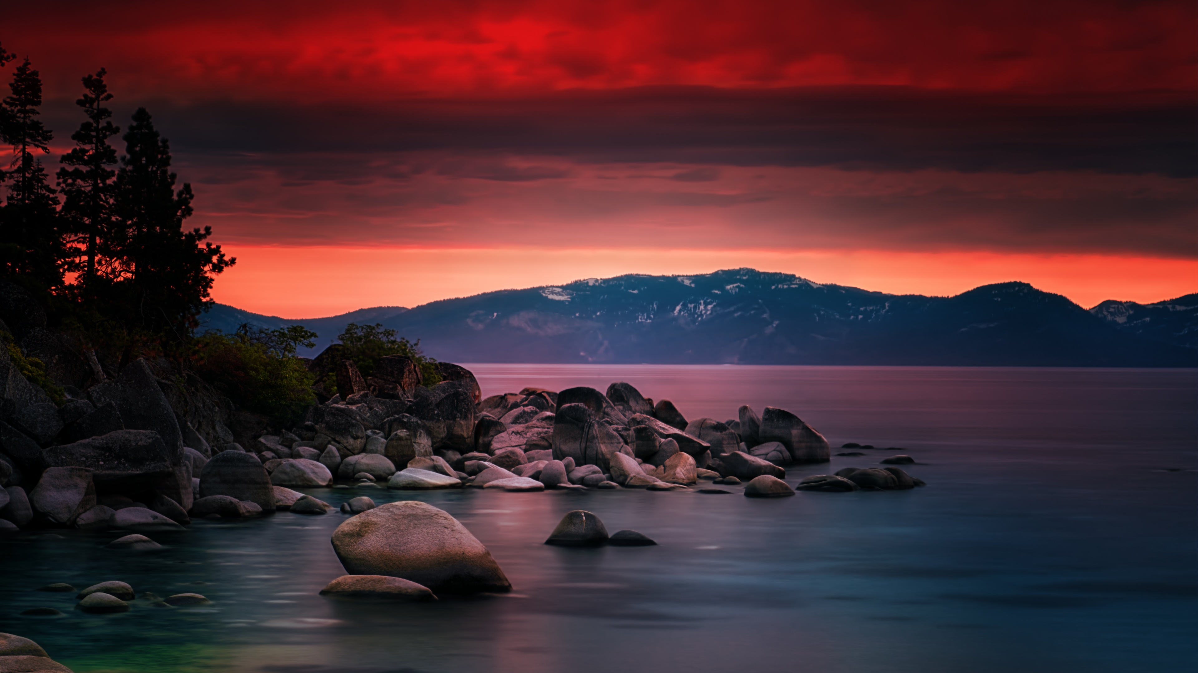 Lake Tahoe Wallpaper 4K, Sand Harbor, Dusk, Long exposure