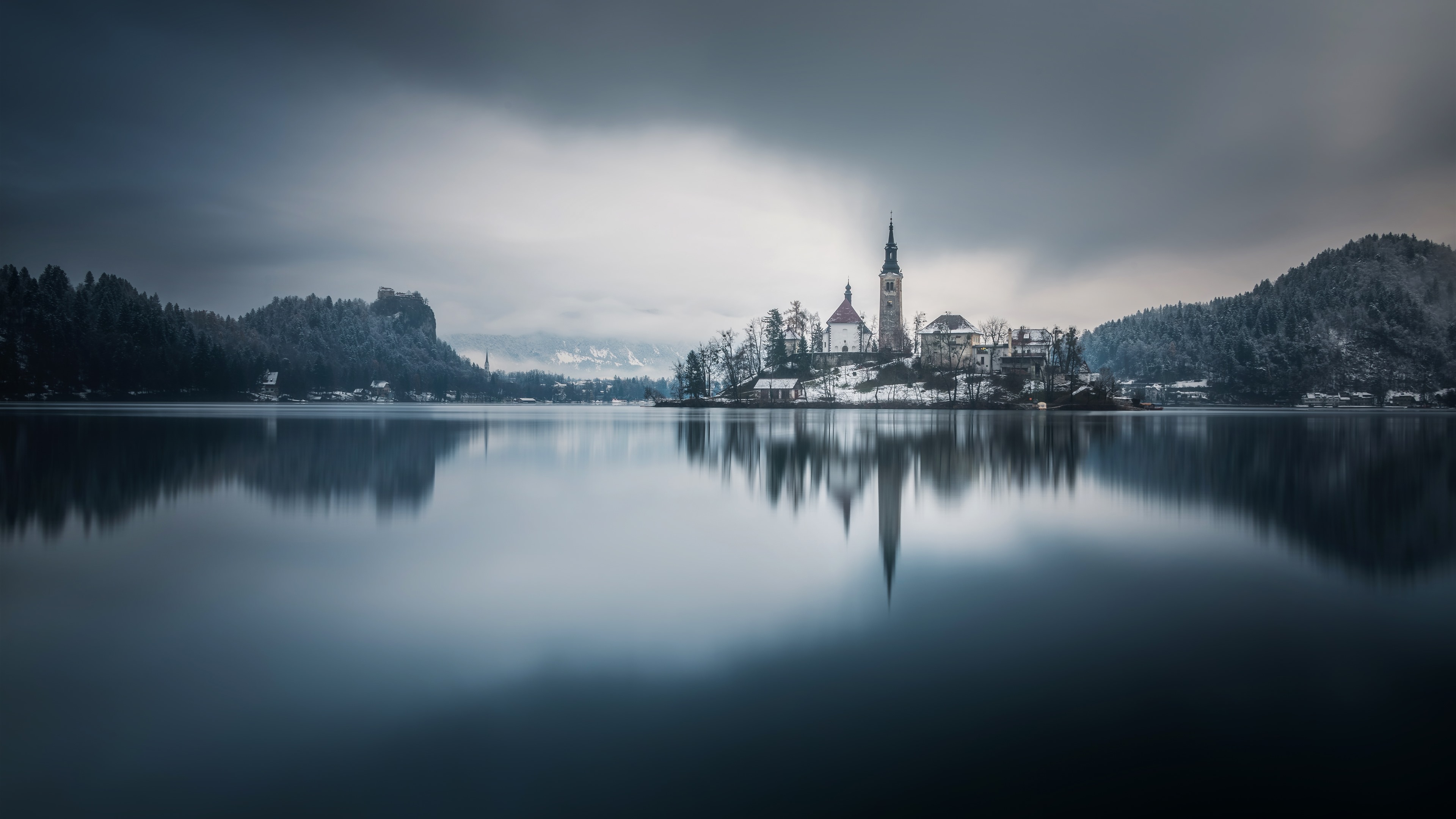 Wallpaper Church, Bled, Slovenia, lake, trees, snow, winter 5120x2880 UHD 5K Picture, Image