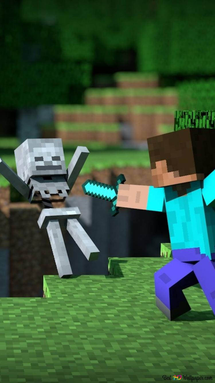Minecraft Steve Hitting Skeleton 2K wallpaper download