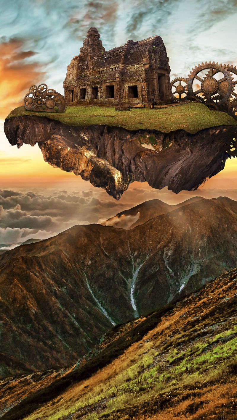 Download Wallpaper 800x1420 Mountains, Building, Engine, Gears, Steampunk, Imagination, Photohop Iphone Se 5s 5c 5 For Parallax HD Background