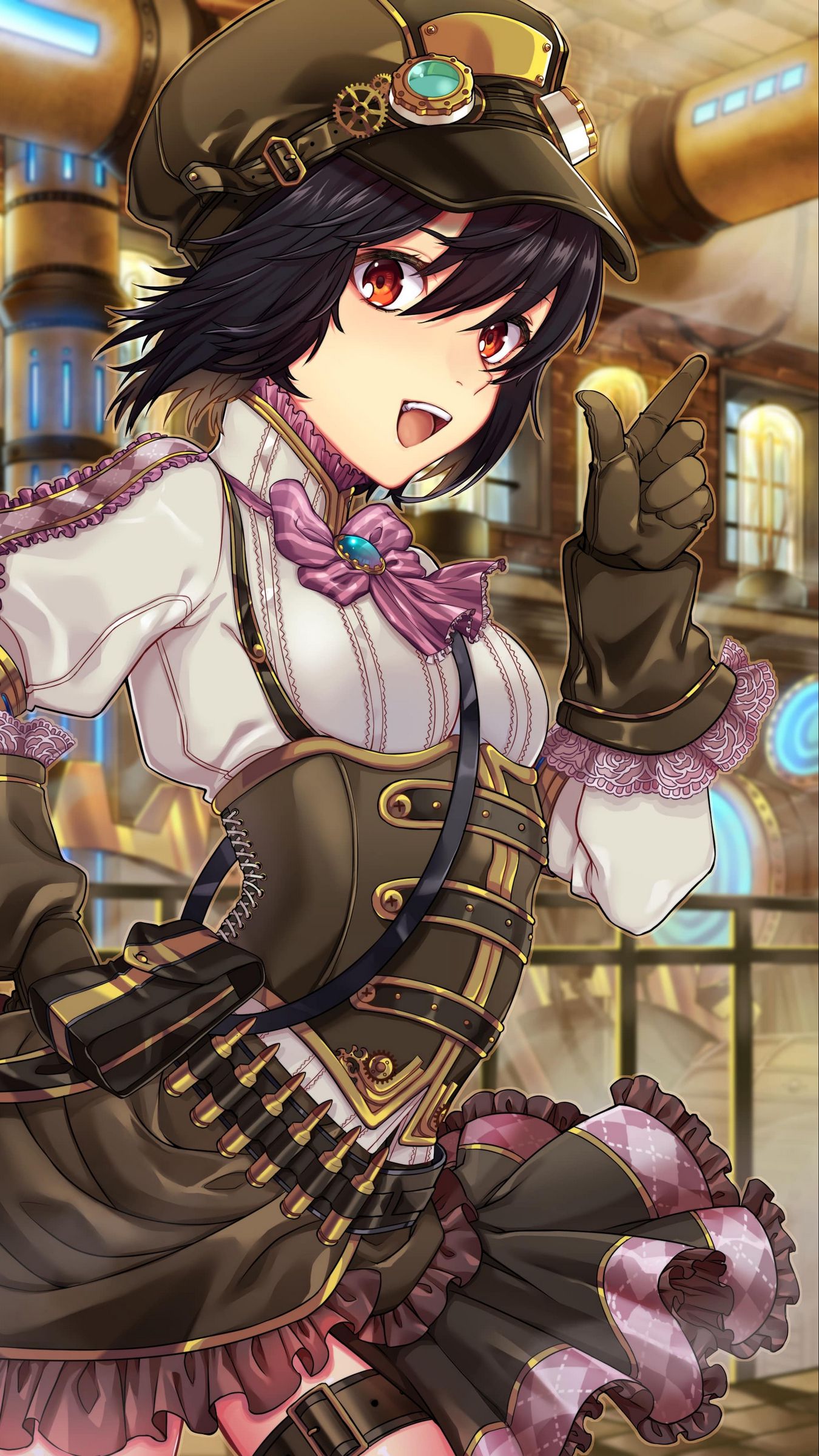 Download wallpaper 1350x2400 girl, smile, gesture, steampunk, anime, art iphone 8+/7+/6s+/for parallax HD background