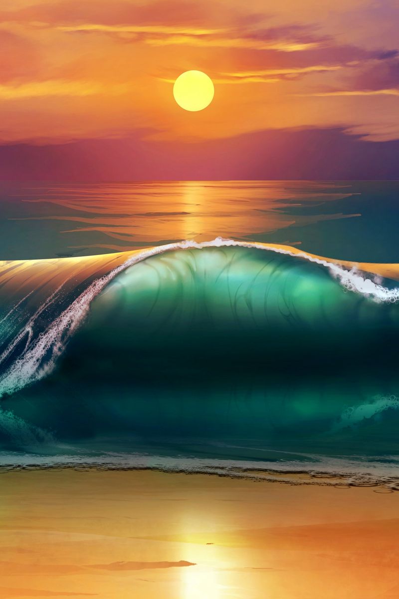 Download Wallpaper 800x1200 Art, Sunset, Beach, Sea, Waves Iphone 4s 4 For Parallax HD Background