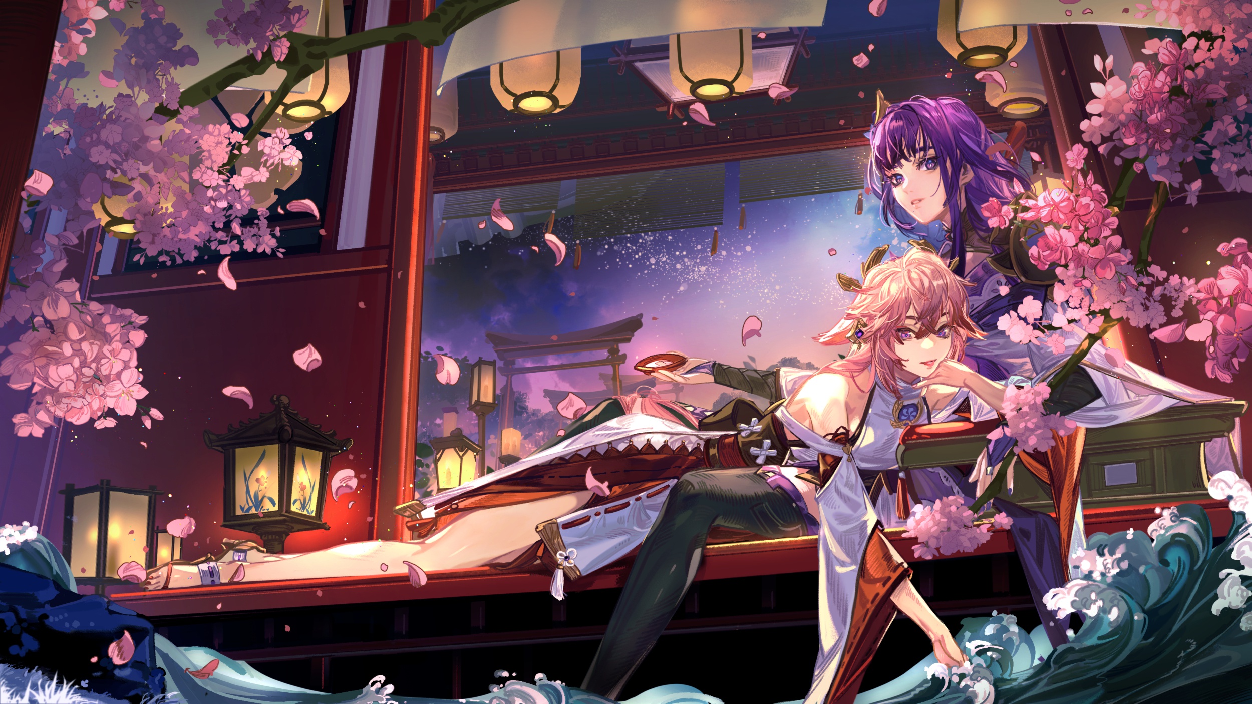 Wallpaper water, night, house, girls, flowering, torii, Genshin Impact, Raiden Shogun for mobile and desktop, section игры, resolution 2500x1406