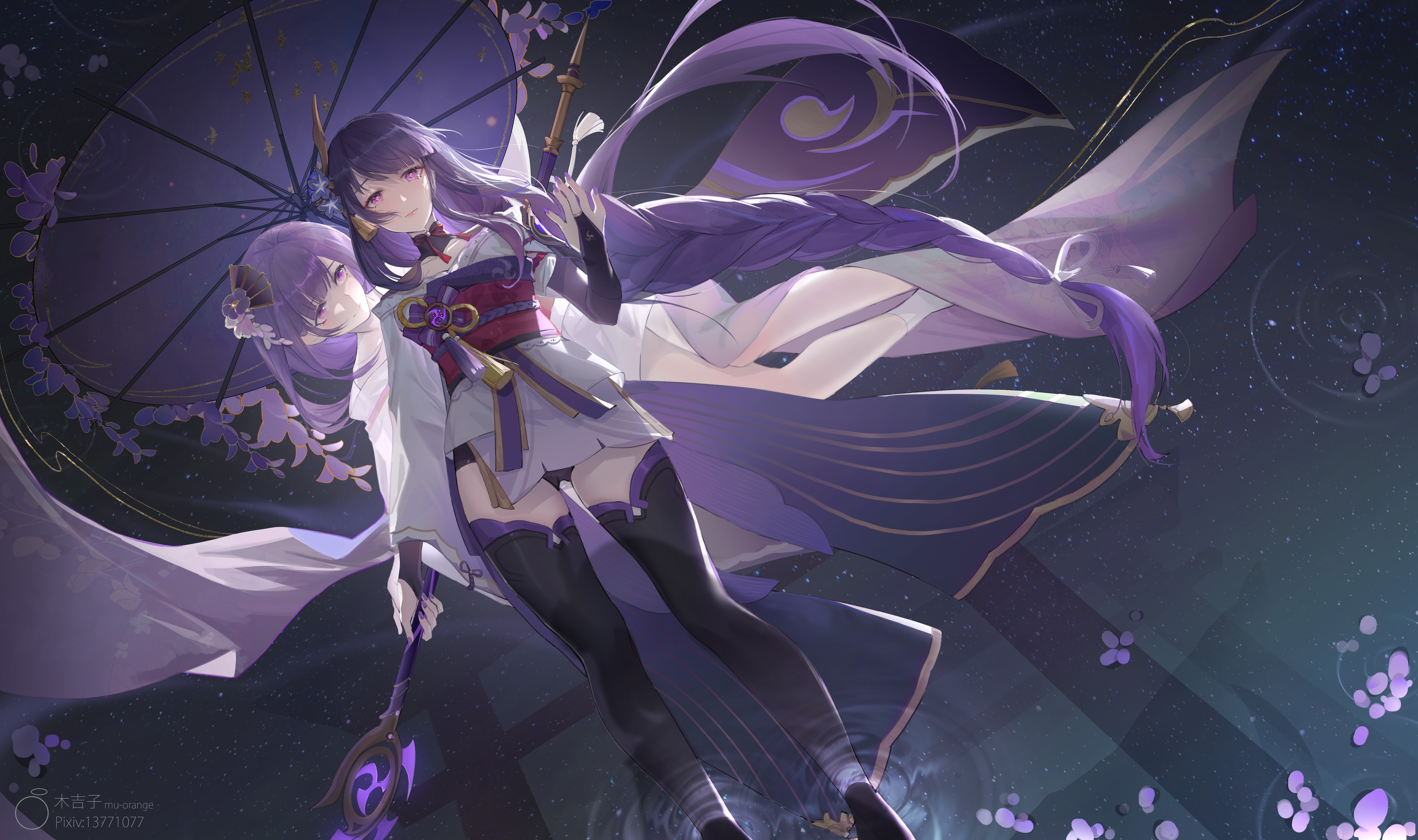 Wallpaper water, night, weapons, girls, umbrella, fantasy, Genshin Impact, Raiden Shogun for mobile and desktop, section игры, resolution 5920x3508