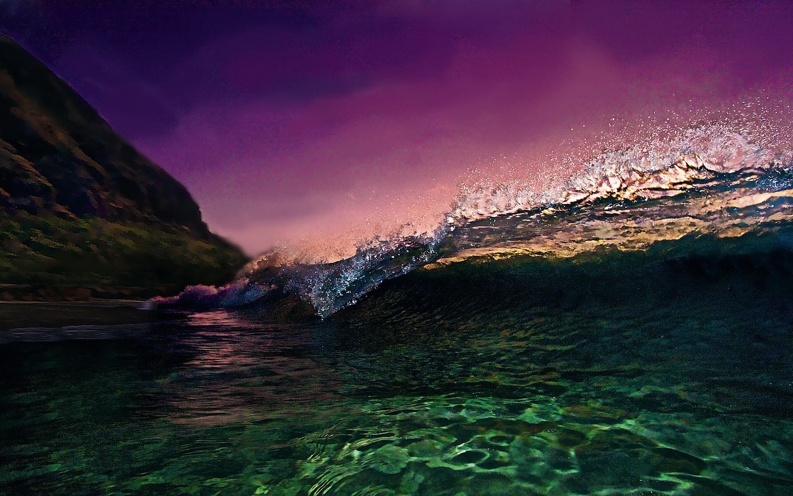 nature, Landscape, Sunset, Sky, Sea, Waves, Mountain, Water, Green, Pink Wallpaper HD / Desktop and Mobile Background