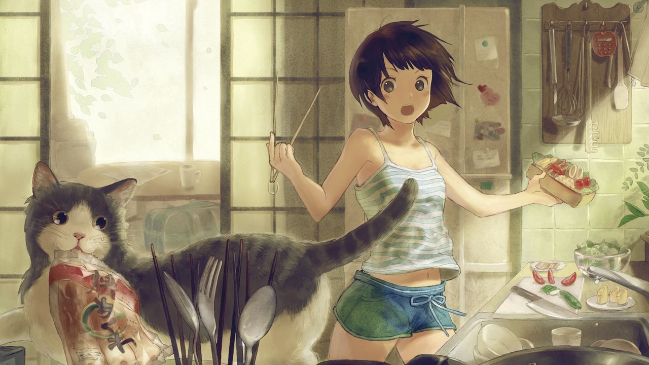 Wallpaper anime, girl, cat, room hd, picture, image