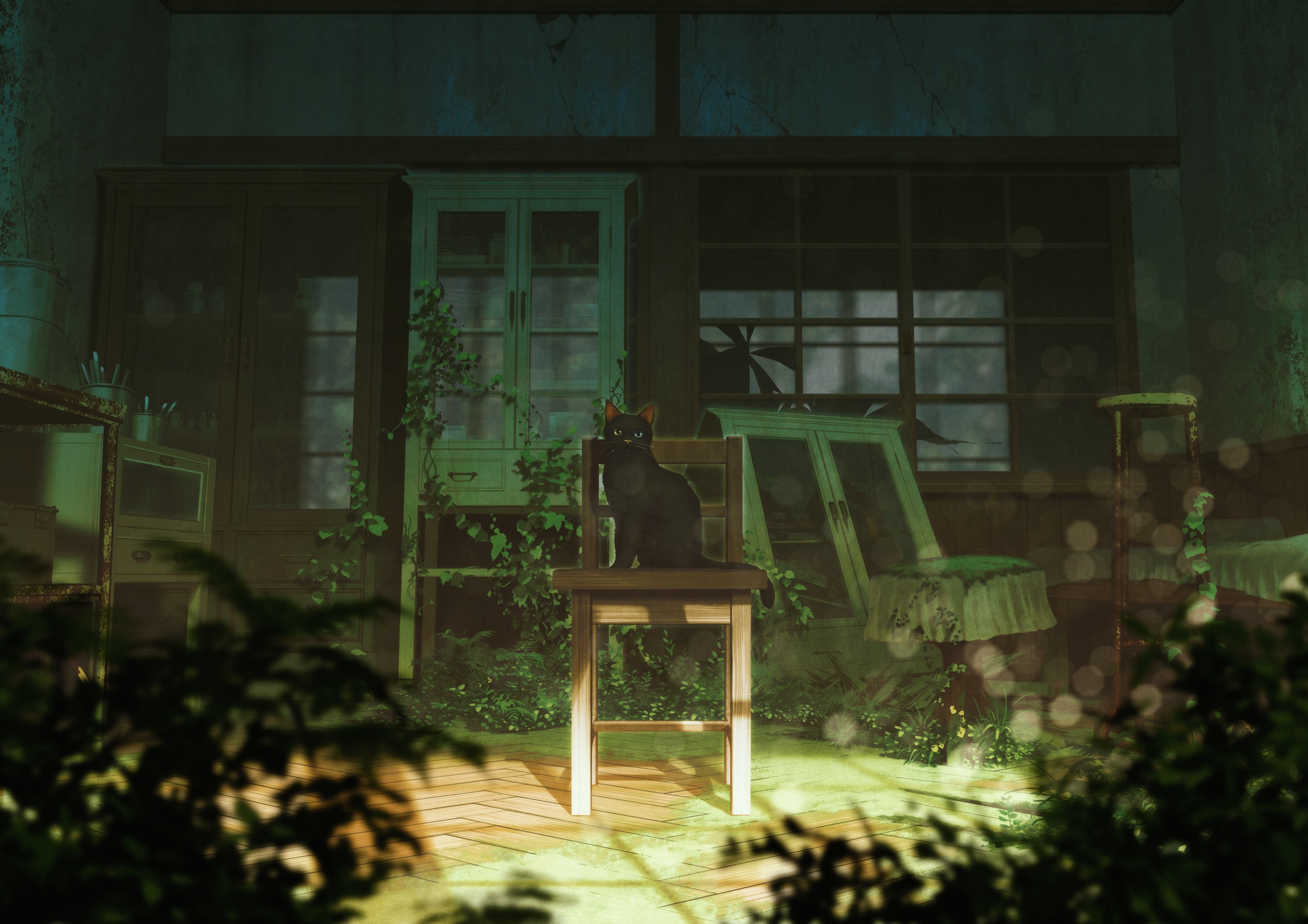 Wallpaper Look, Cat, Anime, Chair, Art, Abandoned house for mobile and desktop, section арт, resolution 2643x1869