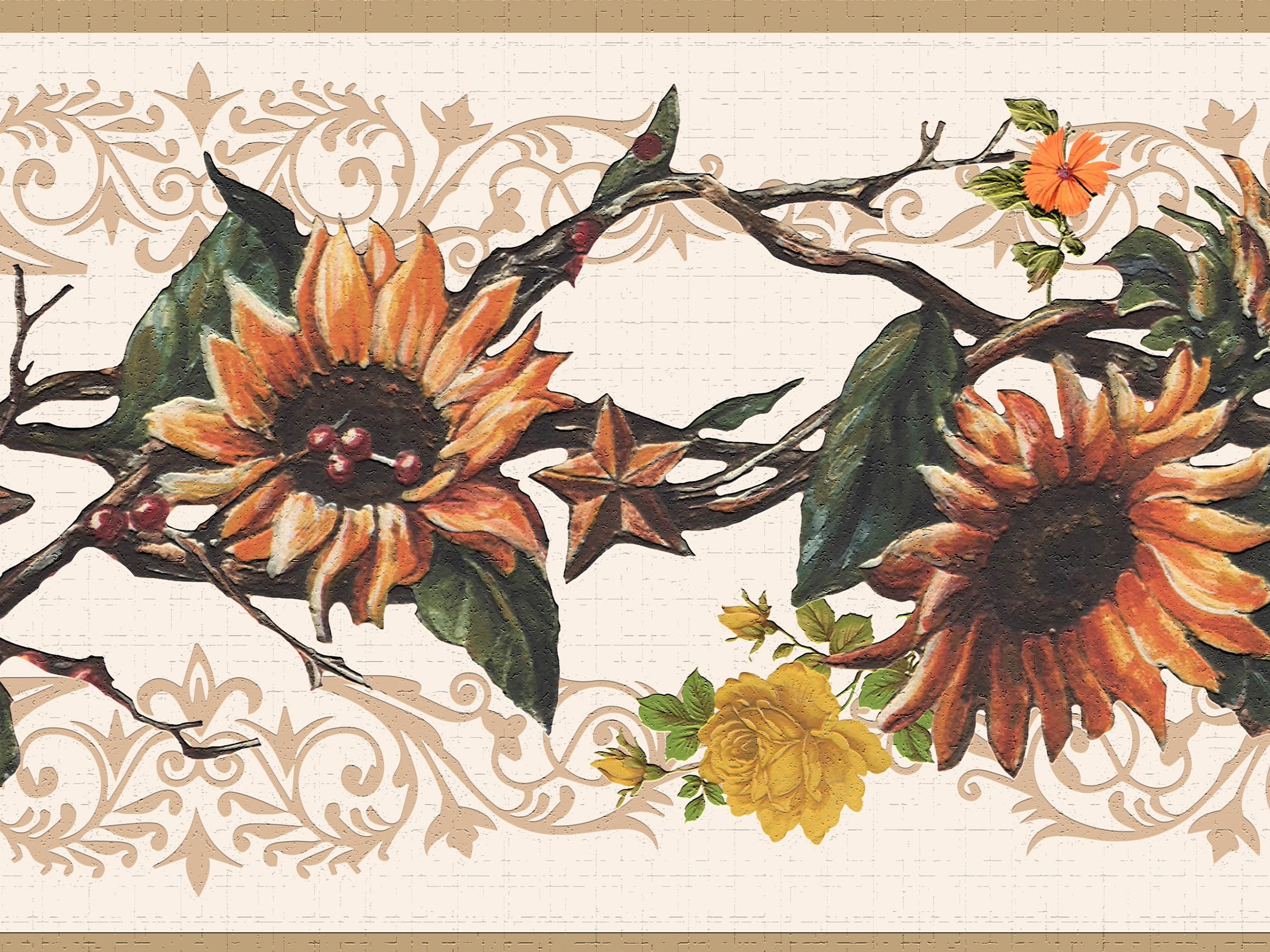 Dundee Deco's Peel and Stick Wallpaper Border Tan Yellow Orange Flowers on Vines Wall Border Retro Design, 15 ft x 7 in, Self Adhesive