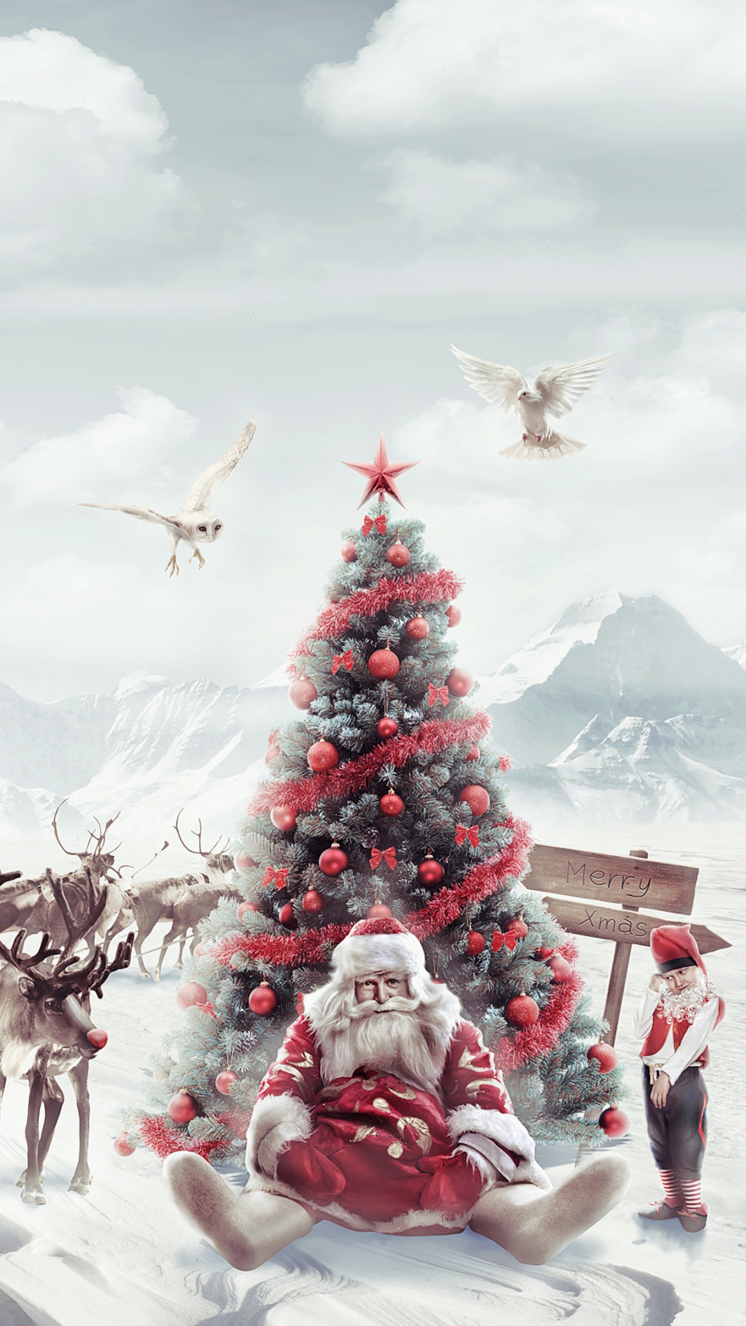 Santa Claus Wallpaper 4K, Christmas tree, Penguins