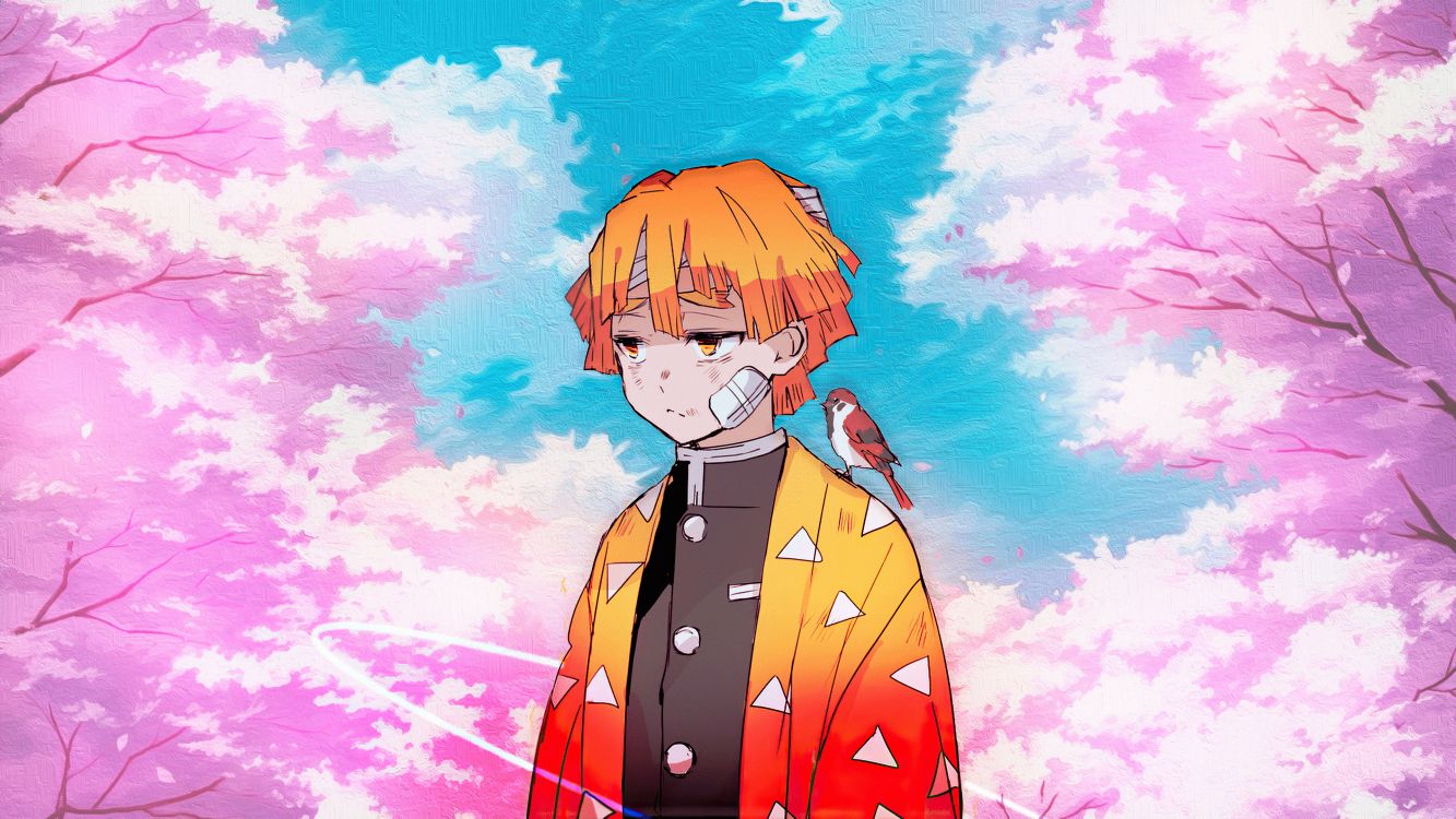 Wallpaper Anime, Zenitsu Agatsuma, Demon Slayer Kimetsu no Yaiba, People in Nature, Cartoon, Background Free Image