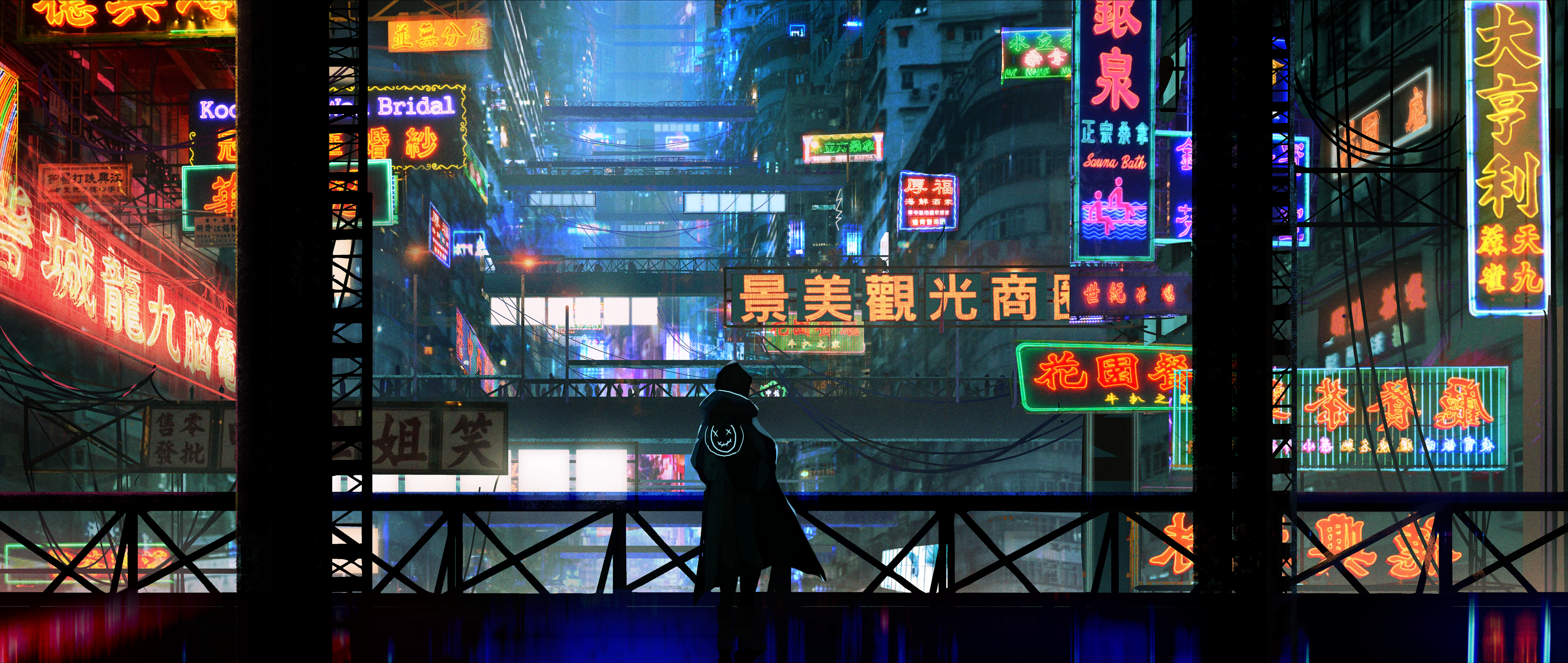Download Futuristic City People Facade Neon Loneliness HD Wallpaper by 春昭＠skeb受付中