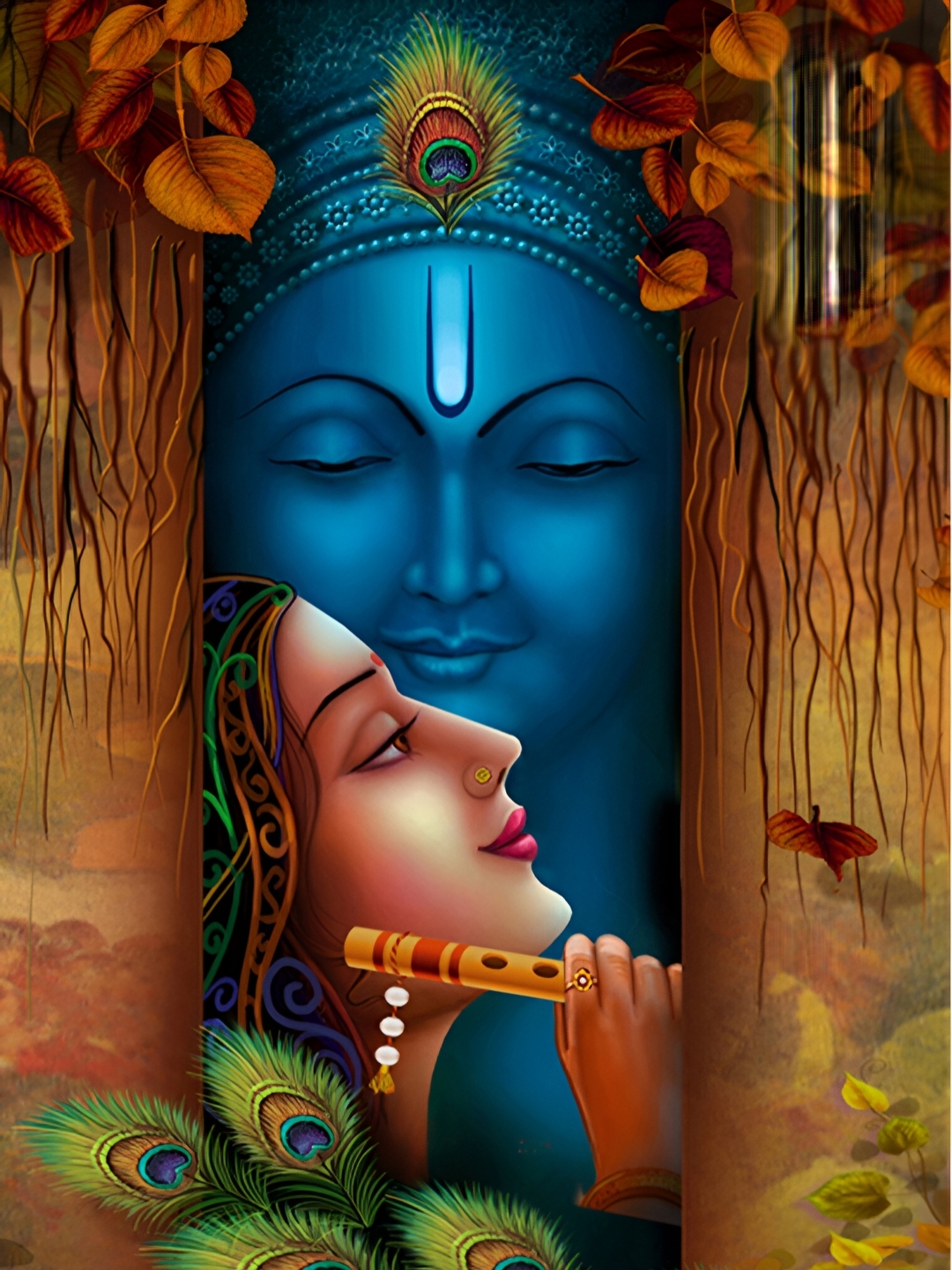 masstone Blue & Yellow Radha Krishna Religious Self Adhesive Wallpaper