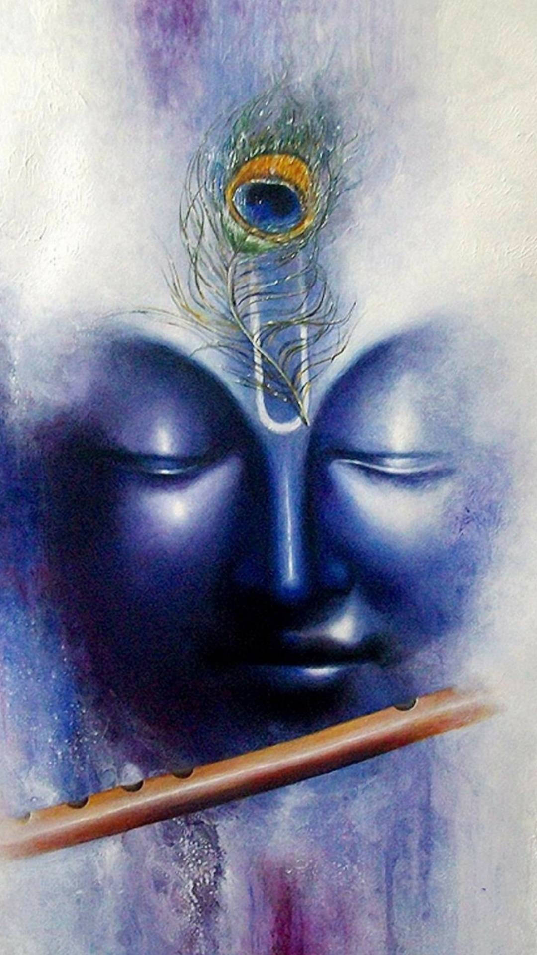 Download Divine Krishna Blue Face with Flute Wallpaper
