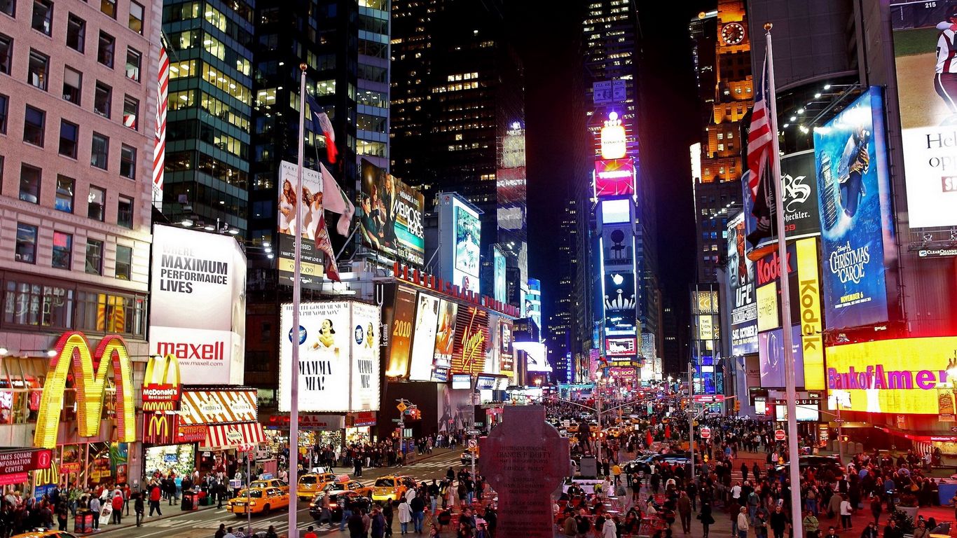 Download wallpaper 1366x768 new york, manhattan, street, night tablet, laptop HD background