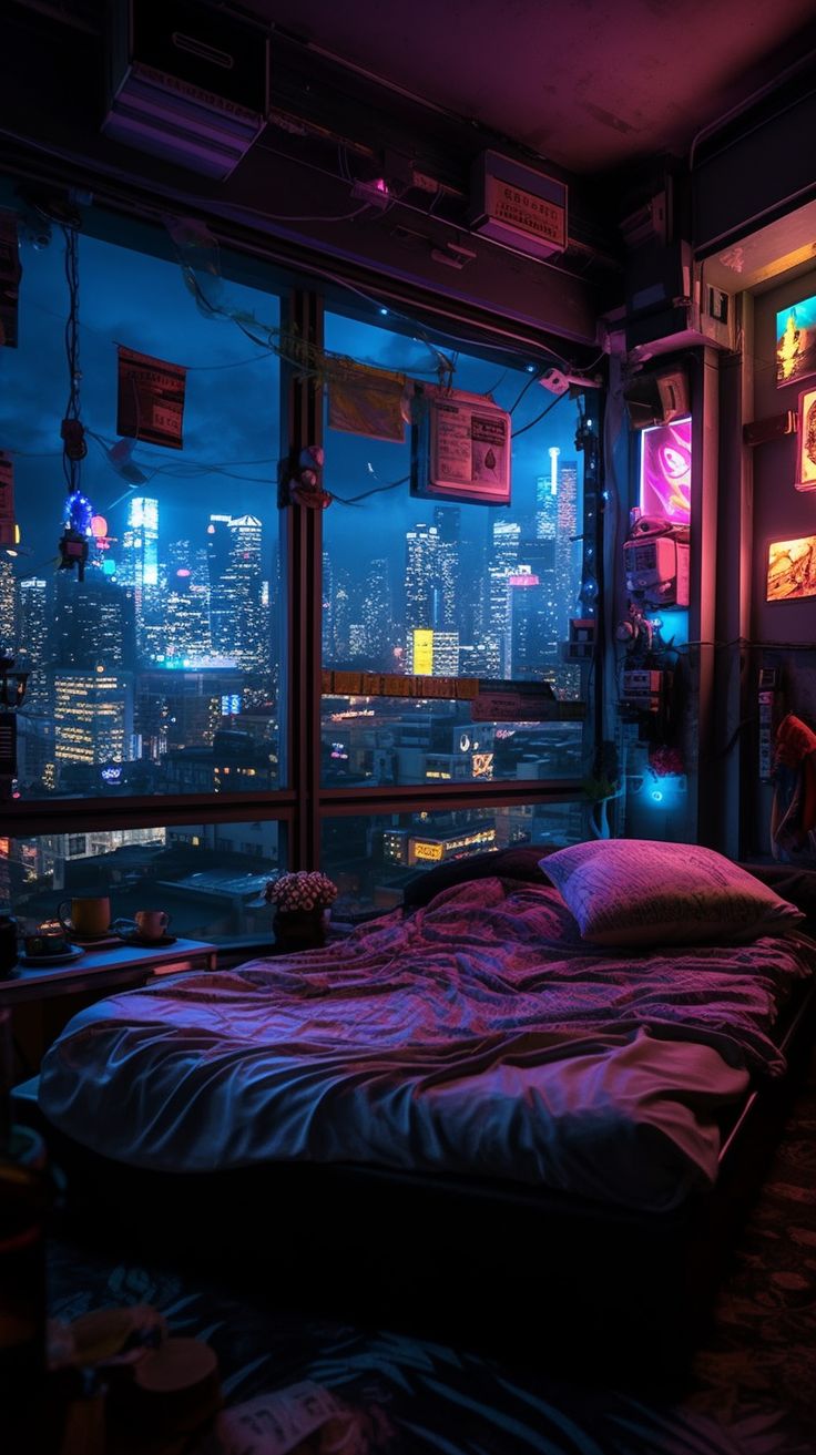 A Neon Cyberpunk Bedroom with a View
