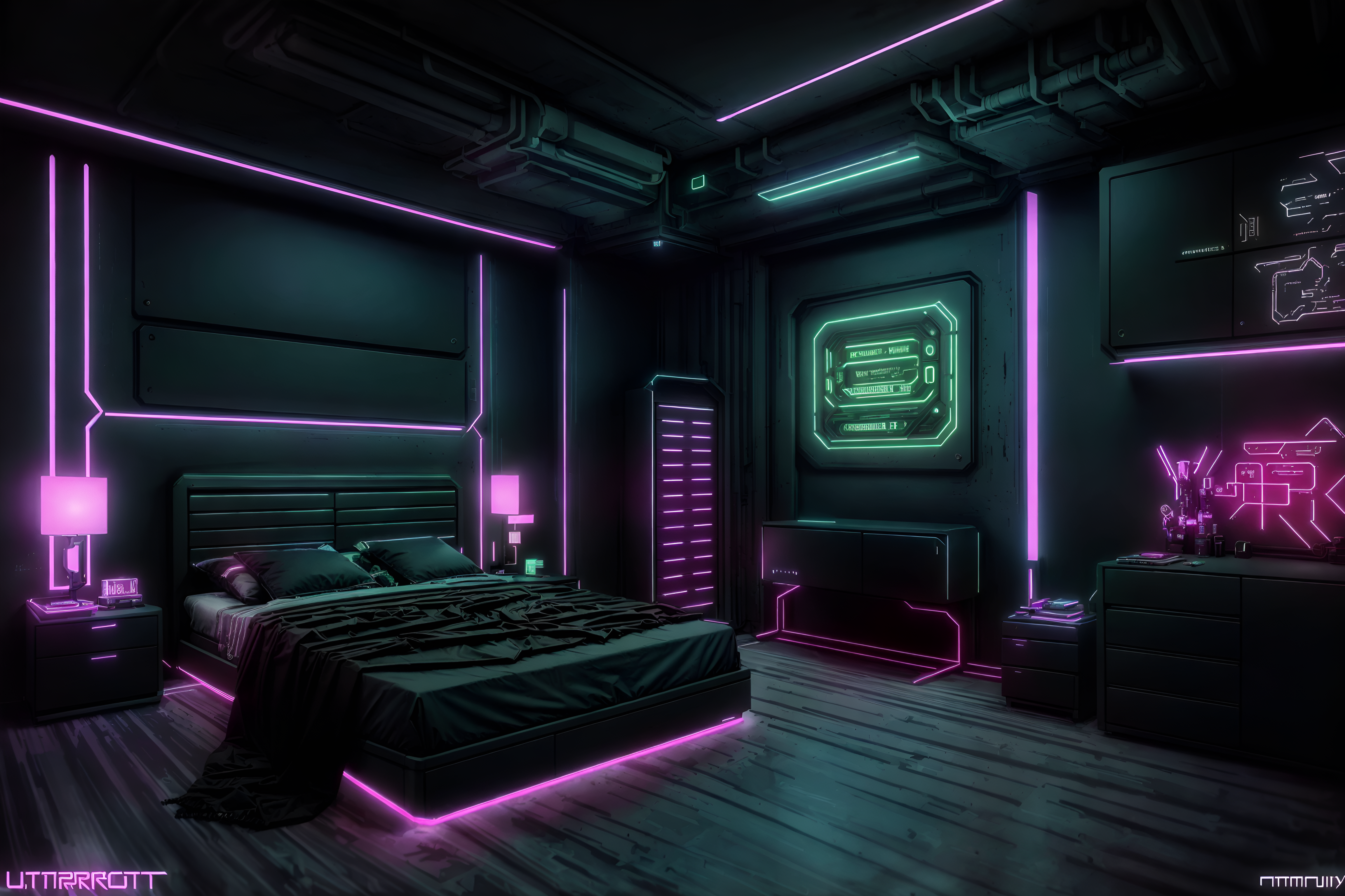 Cyberpunk Style Bedroom Interior With Headboard And Night Light And Bedside