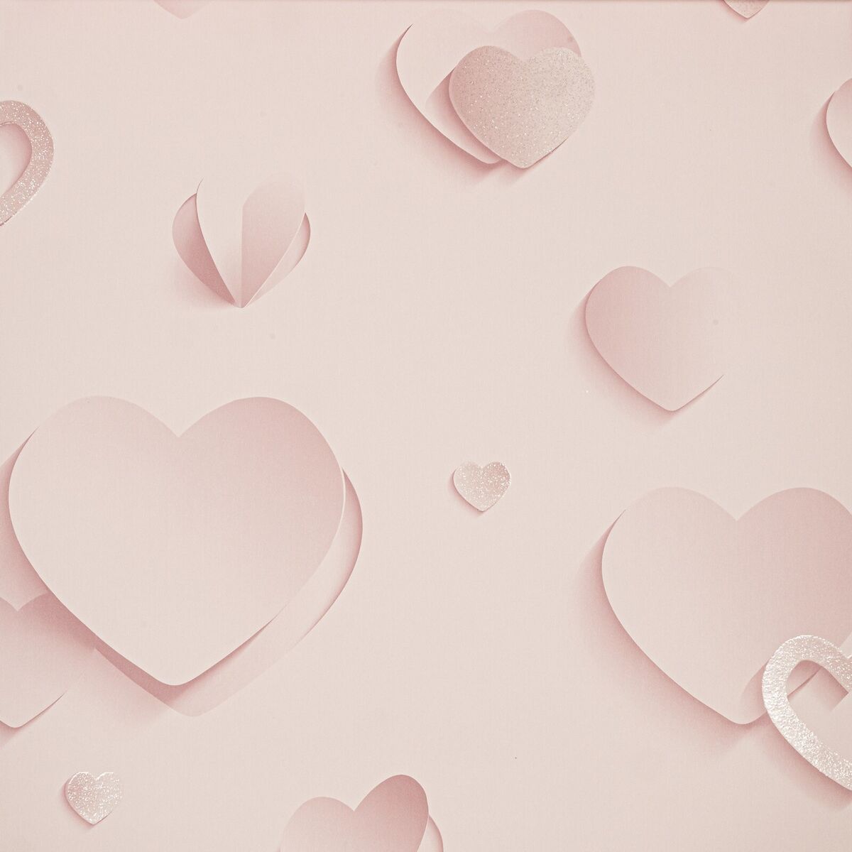 Light Pink Silver Metallic Glitter 3D Effect Hearts Girls Childrens Wallpaper