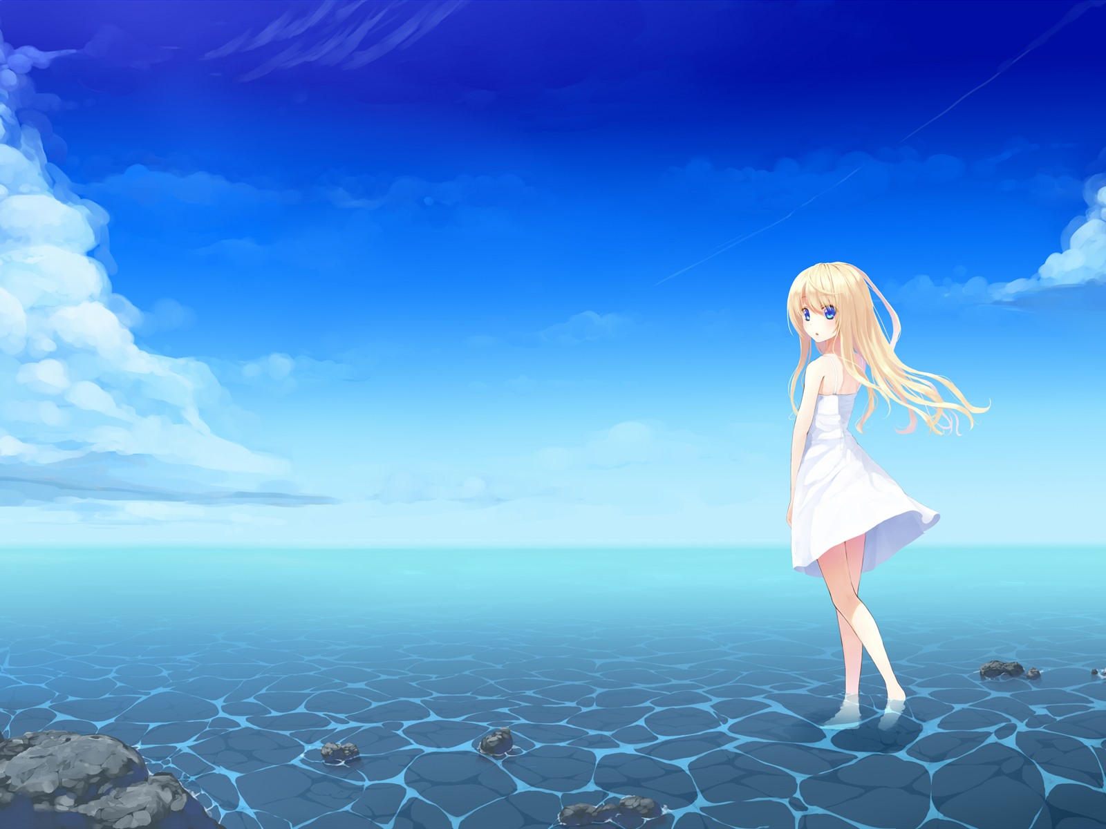 Wallpaper Blonde anime girl, blue eyes, skirt, sea, summer 2560x1600 Picture, Image