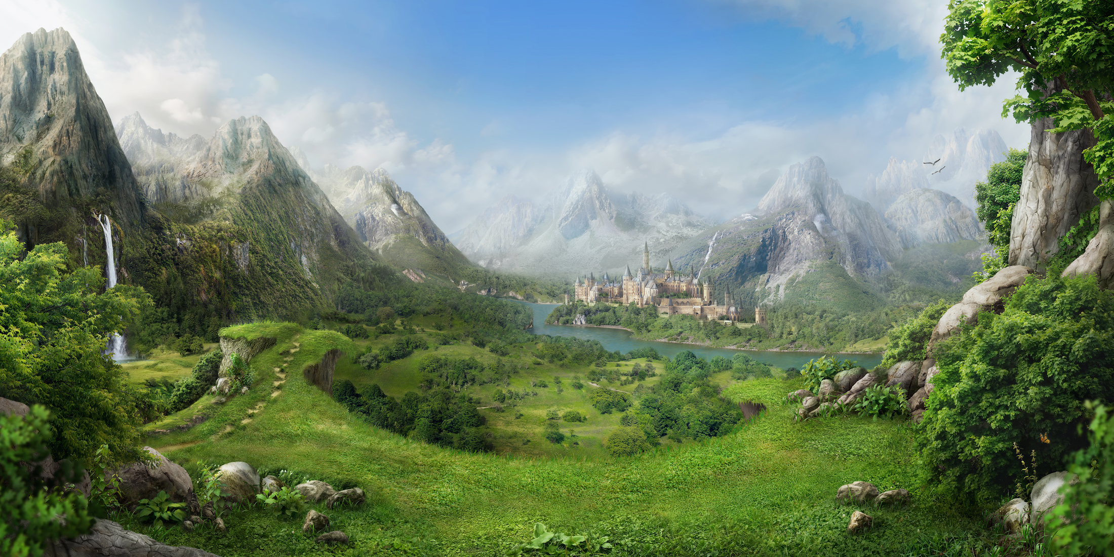 Enchanting Fantasy Landscape HD Wallpaper: Waterfalls And Mountains By NM Art