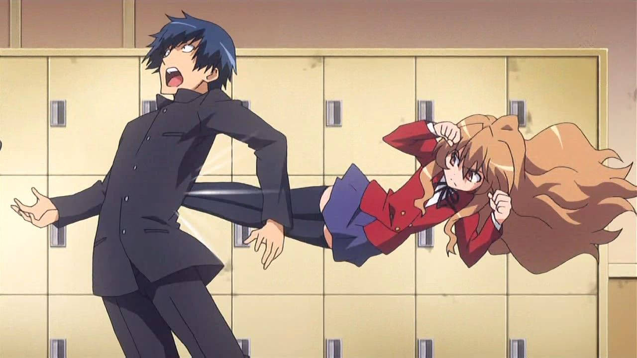 Download Taiga Aisaka, a heroine from Toradora, performing a flying kick! Wallpaper