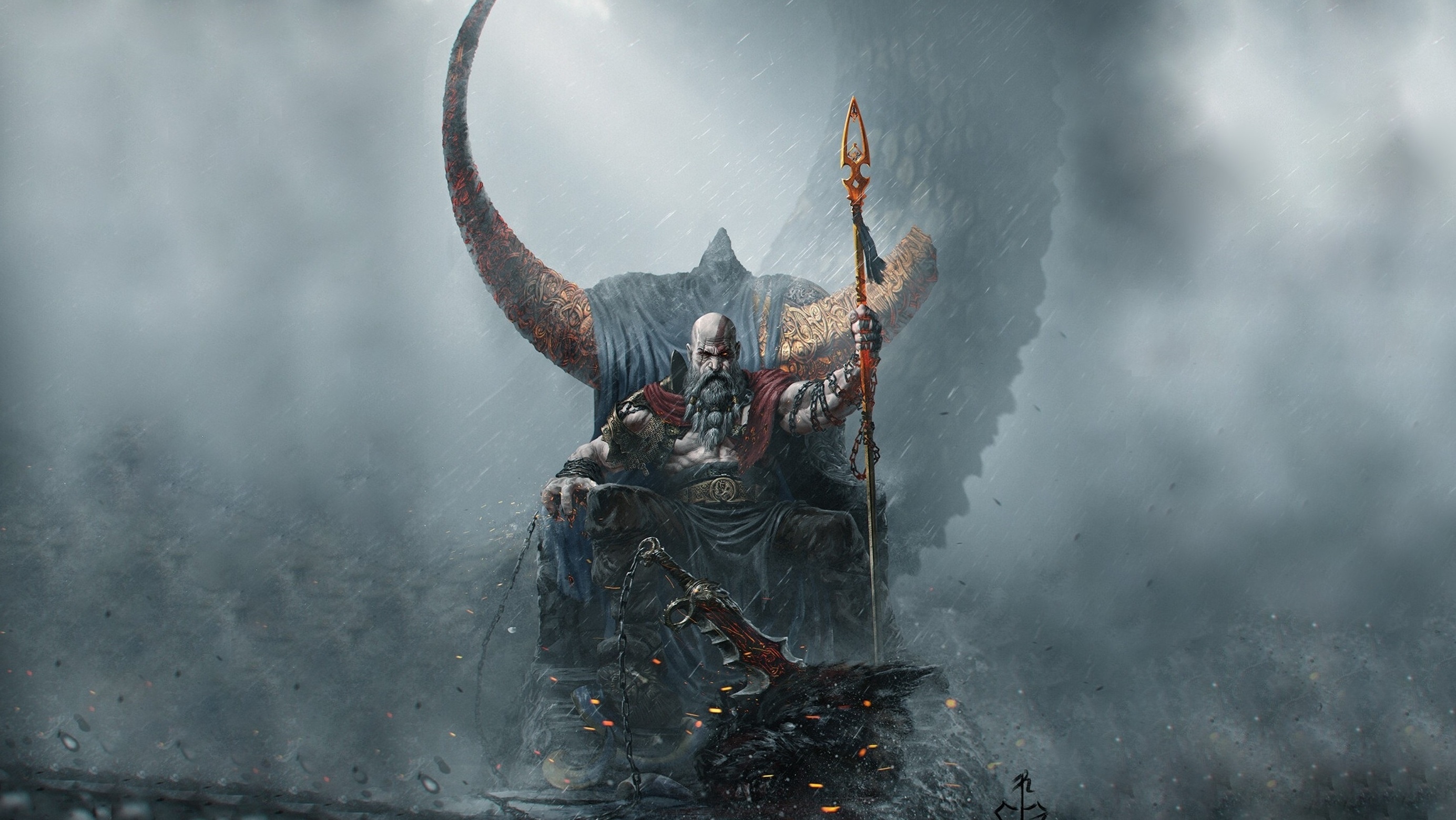Wallpaper Kratos, Kratos, God Of War, Blades of Chaos, Swords Of Chaos, Goksoy Rock Waterfall, Valhalla Fallen, Odin's Spear for mobile and desktop, section игры, resolution 2769x1560