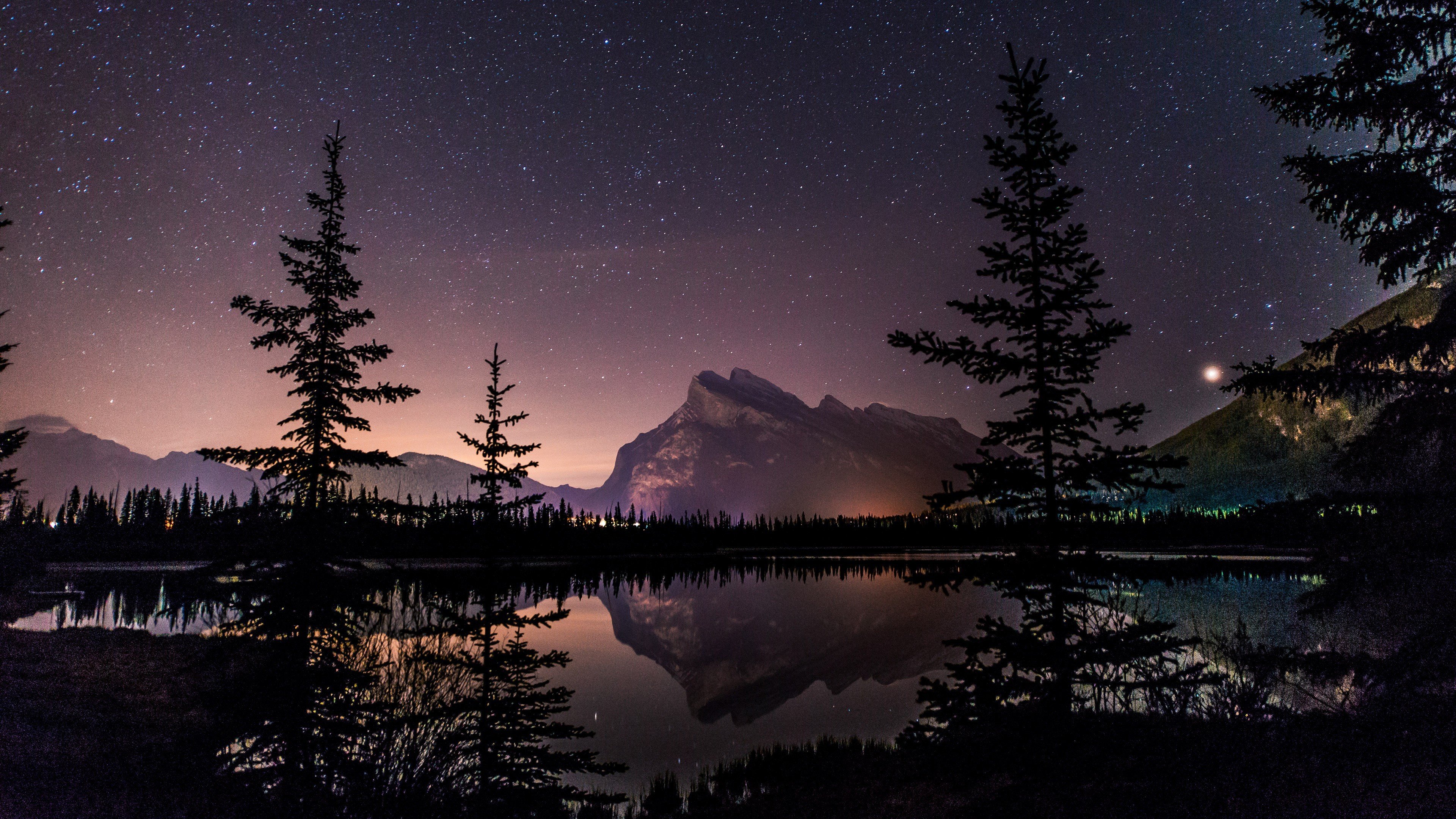 landscape, Lake, Night, Plants, Rocky Mountains, Canadian, Stars, Alberta National Park, Natural light, Reflection Wallpaper HD / Desktop and Mobile Background