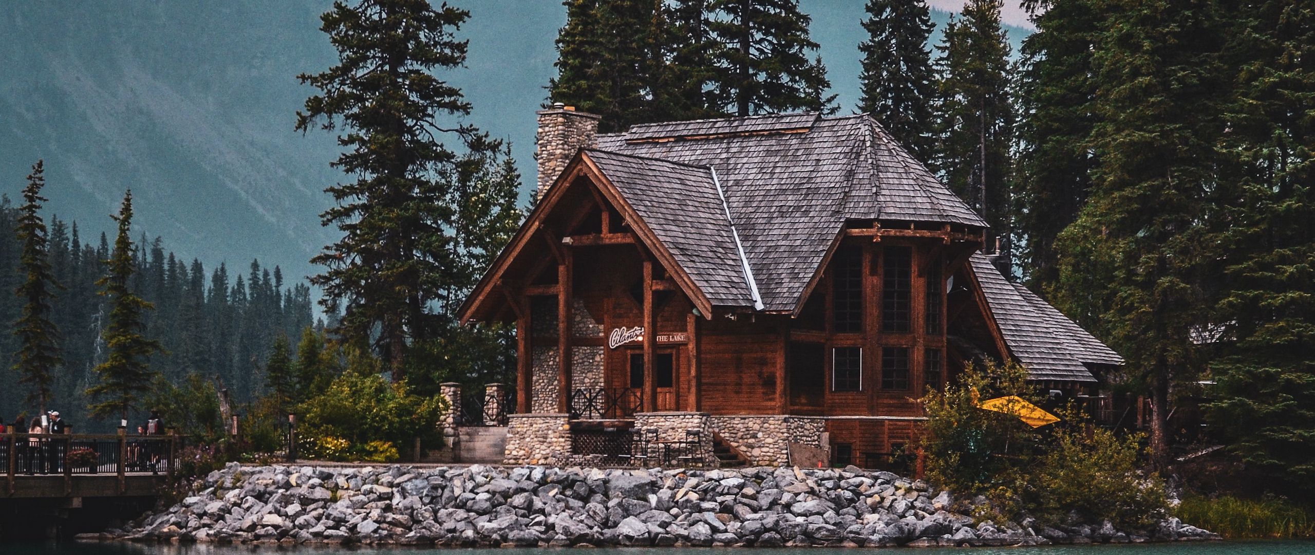 Download wallpaper 2560x1080 house, lake, harmony, silence, trees, forest, nature dual wide 1080p HD background