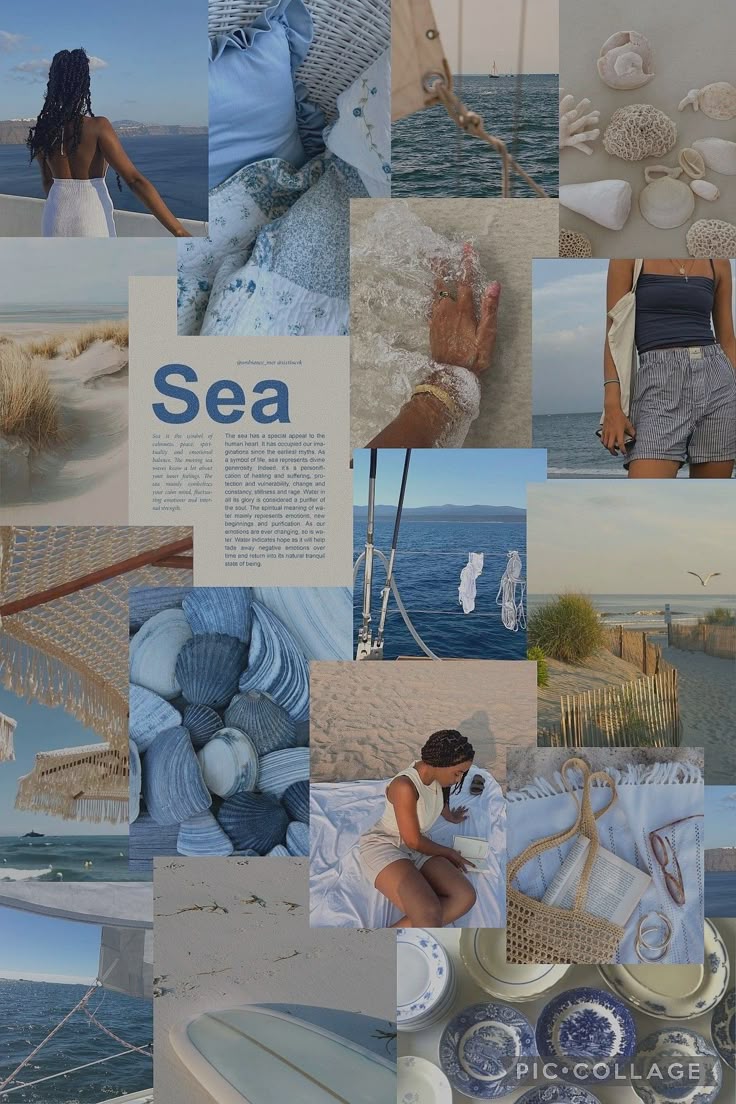 Light blue coastal aesthetic collage, Greek summer