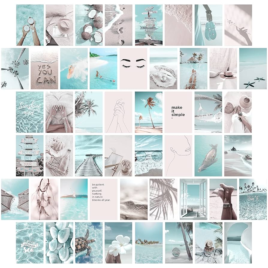 KONGSY Boho Beach Photo Wall Collage Kit Aesthetic Picture, Cyan Room Decor for Teen Girls, Trendy Summer Aesthetic VSCO Decoration Small Posters (50 Set 4x6 inch): Posters & Prints