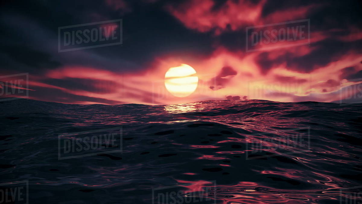 Red beautiful sunset over ocean. The glowing sun shines on dusk with water swells and light reflections. Red sky and amazing sea with waves. Summer sunrise seascape. 4K 3D illustration