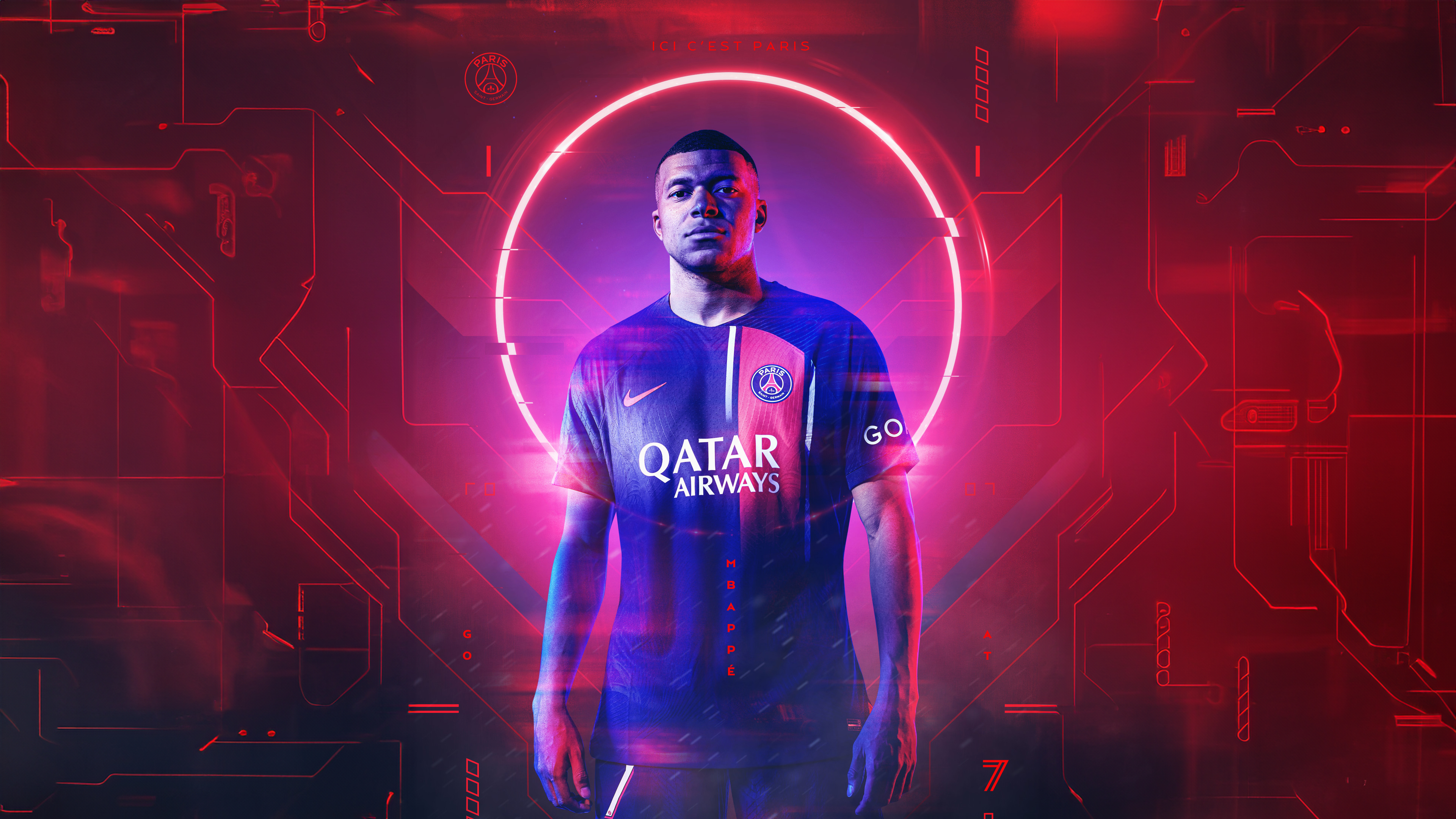 Kylian Mbappé Wallpaper 4K, Neon background, Red aesthetic