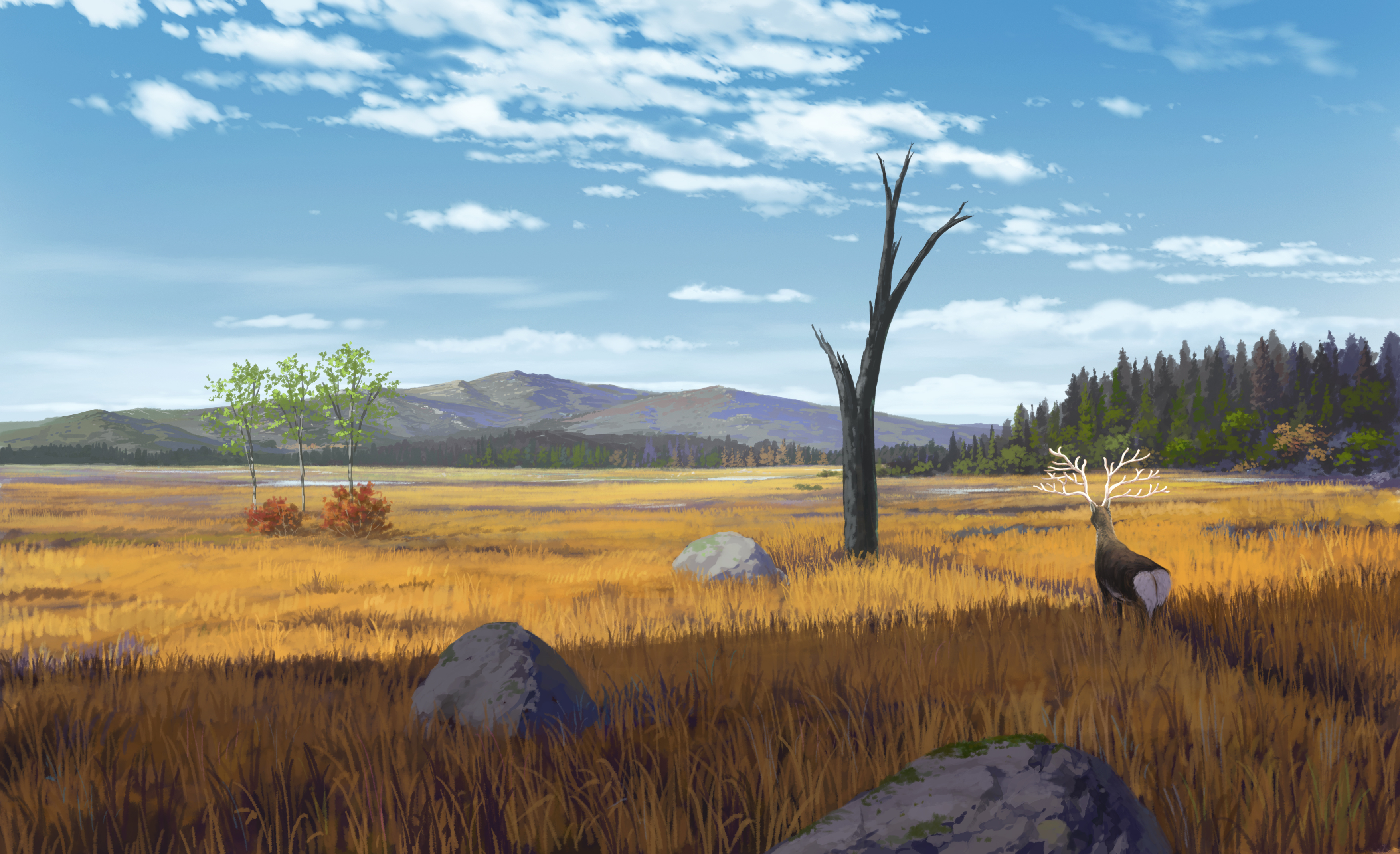 Wallpaper wallpaper anime landscape field autumn grass deer 2560x1440 QHD & WQHD (16:9) from axebourne image and screensavers