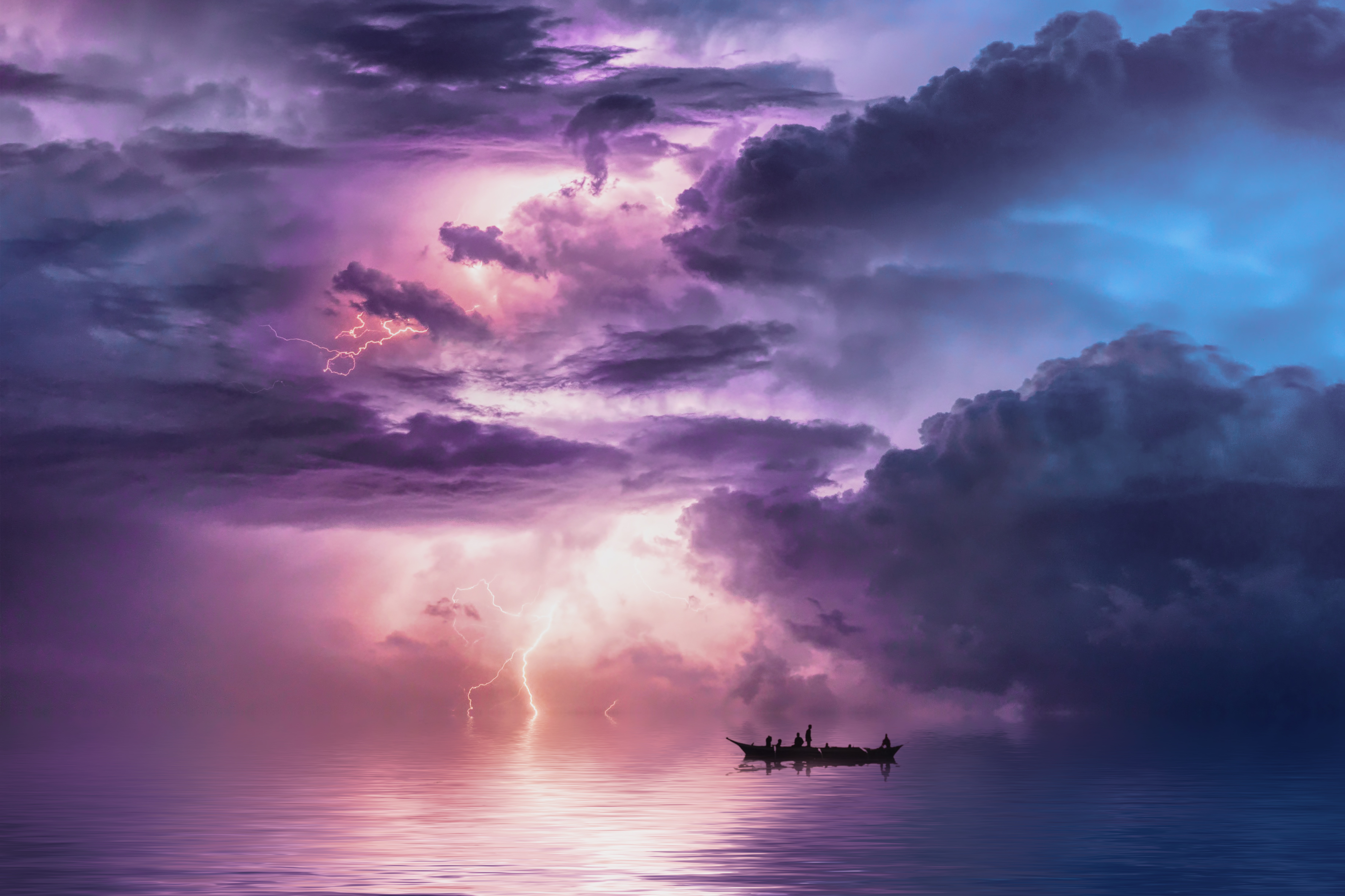 Surreal Wallpaper 4K, Storm, Boat, Clouds, Thunderstorm