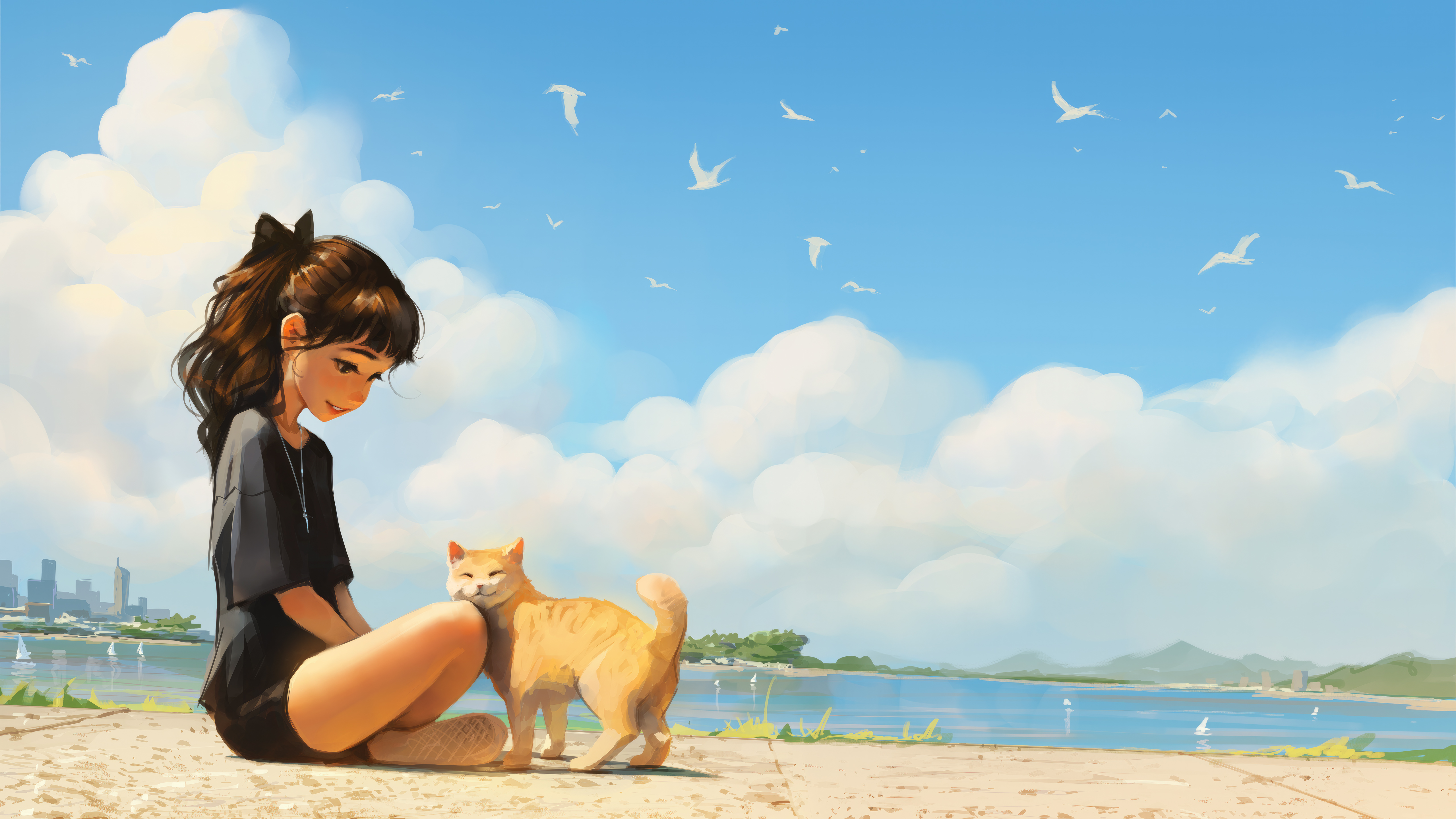 Cat And Anime Girl Enjoying A Sunny Beach Day Wallpaper, HD Anime Wallpaper, 4k Wallpaper, Image, Background, Photos and Picture