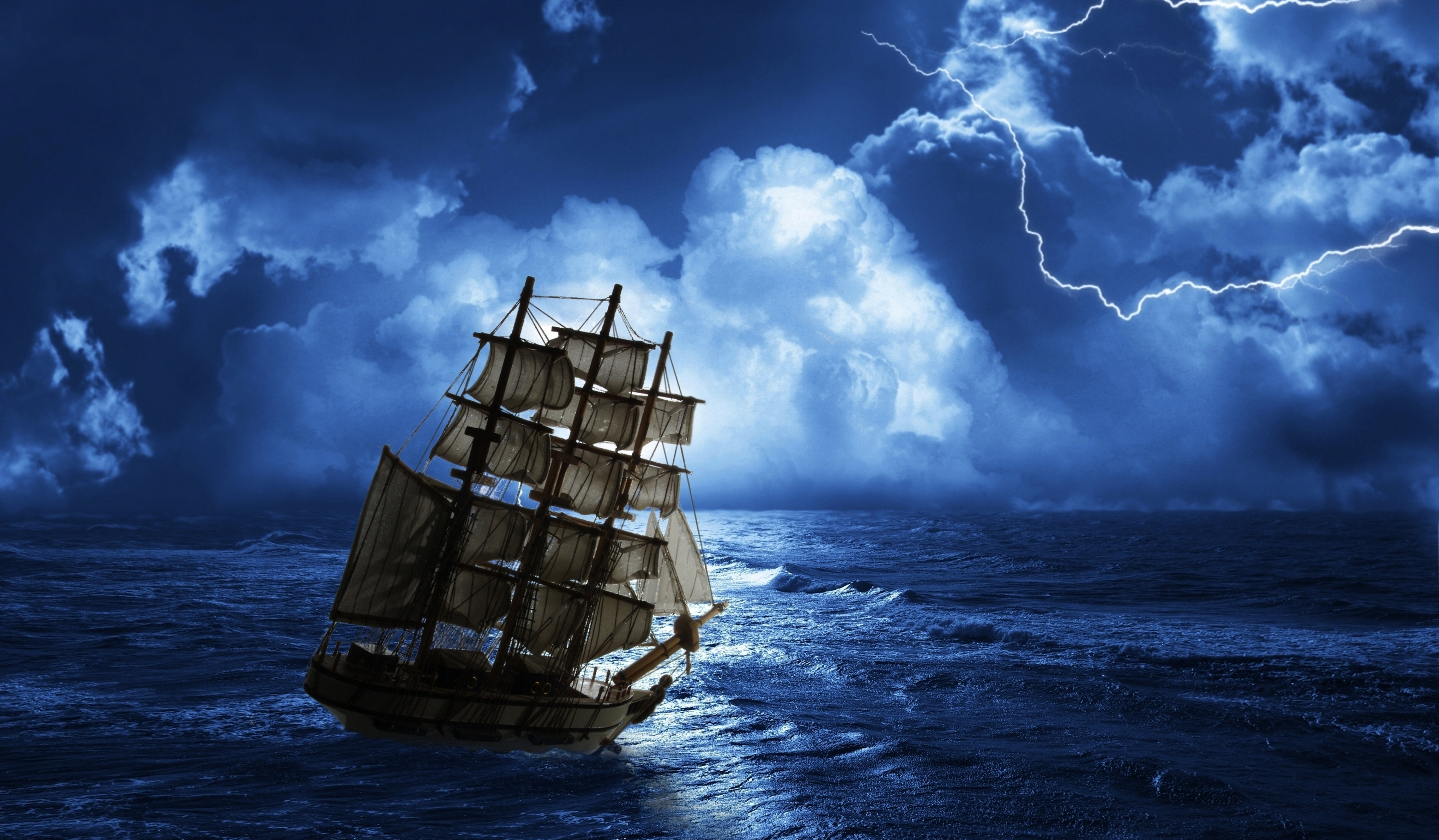 Sailing ship at sea in a storm Desktop wallpaper 1366x768