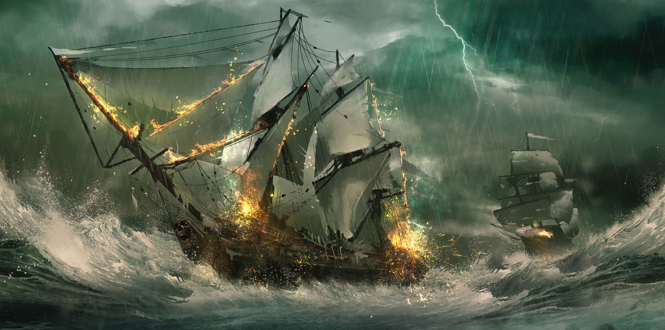 Download Fire Ocean Wave Rain Lightning Storm Fantasy Ship Ocean Waves HD Wallpaper