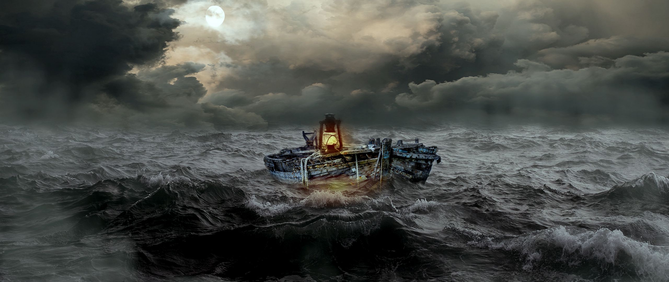 Download wallpaper 2560x1080 boat, storm, sea, waves, overcast dual wide 1080p HD background