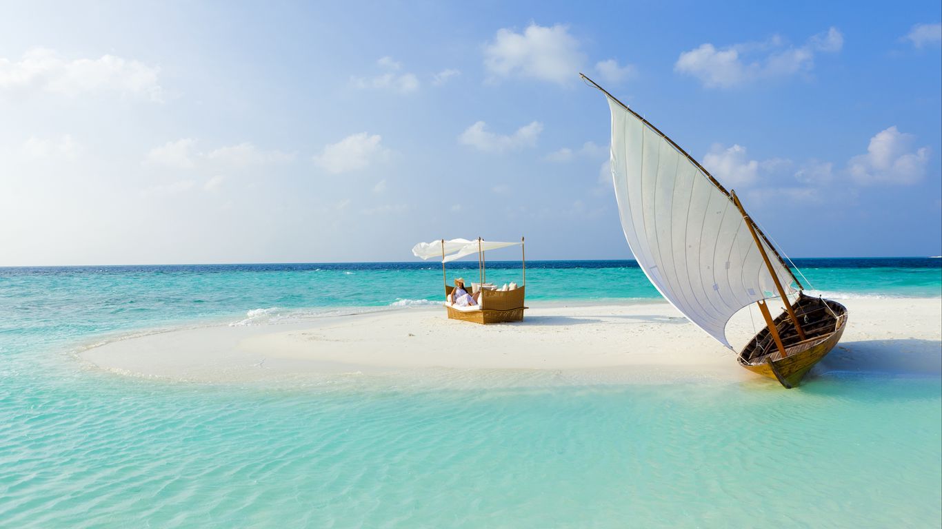 Download wallpaper 1366x768 maldives, beach, tropical, sea, sand, island, boat, summer tablet, laptop HD background