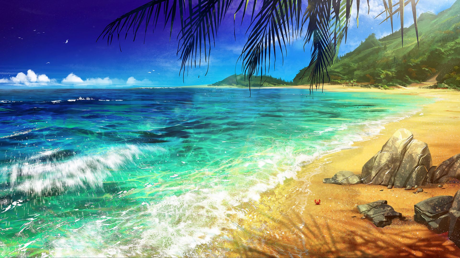 Download wallpaper 1920x1080 beach, palm, ocean, art, surf full hd, hdtv, fhd, 1080p HD background