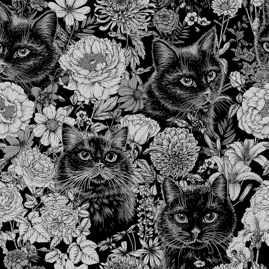 Livelynine 17.5x276 Cat Peel and Stick Wallpaper Black and White Vintage Floral Wallpaper with Animals Victorian Gothic Cool Cats Black Cat Print
